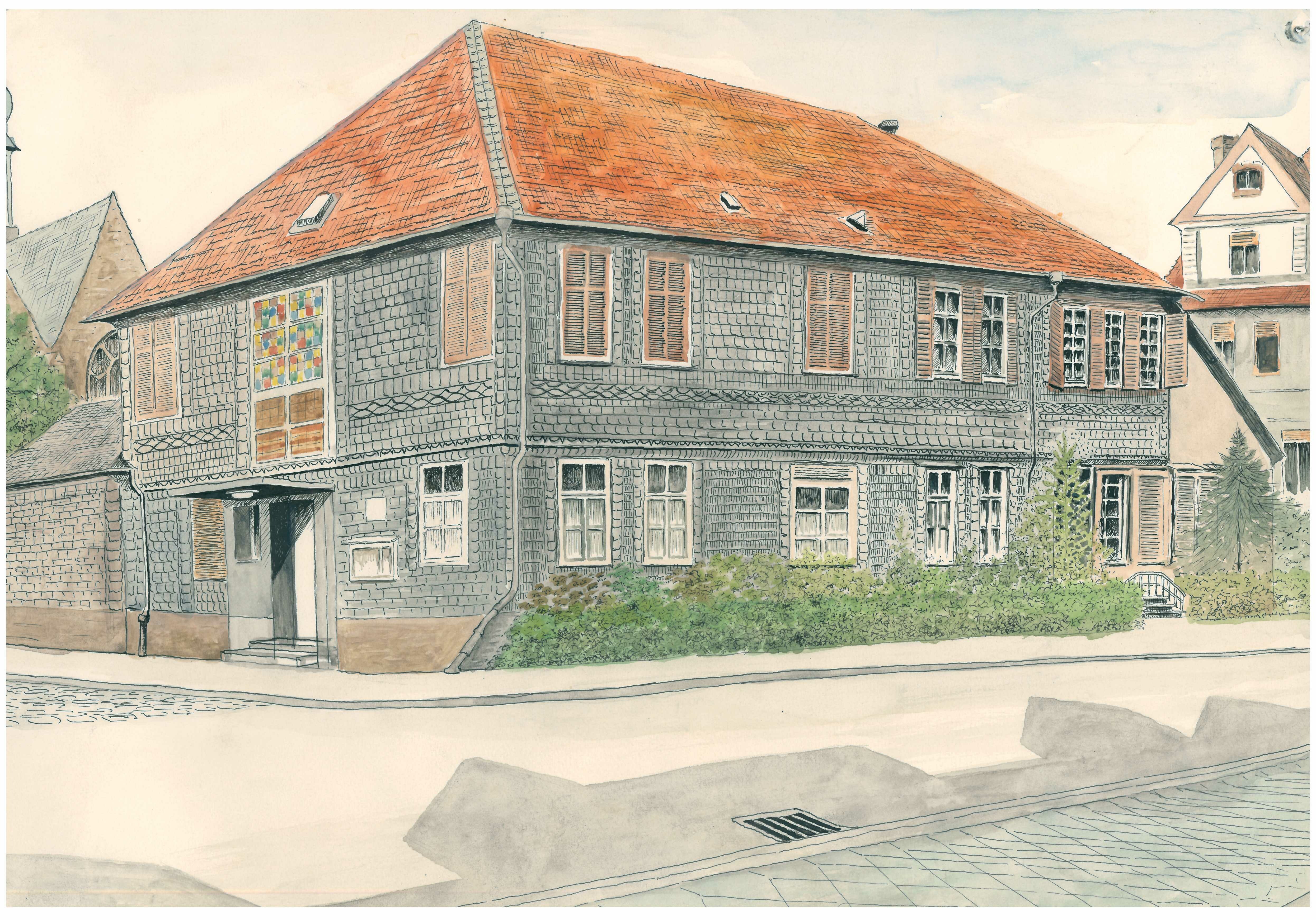 Aquarellierte Zeichnung von Alfred Rooke: Das alte Pfarrhaus in der Brüderstraße Lippstadt (Stadtmuseum Lippstadt RR-F)