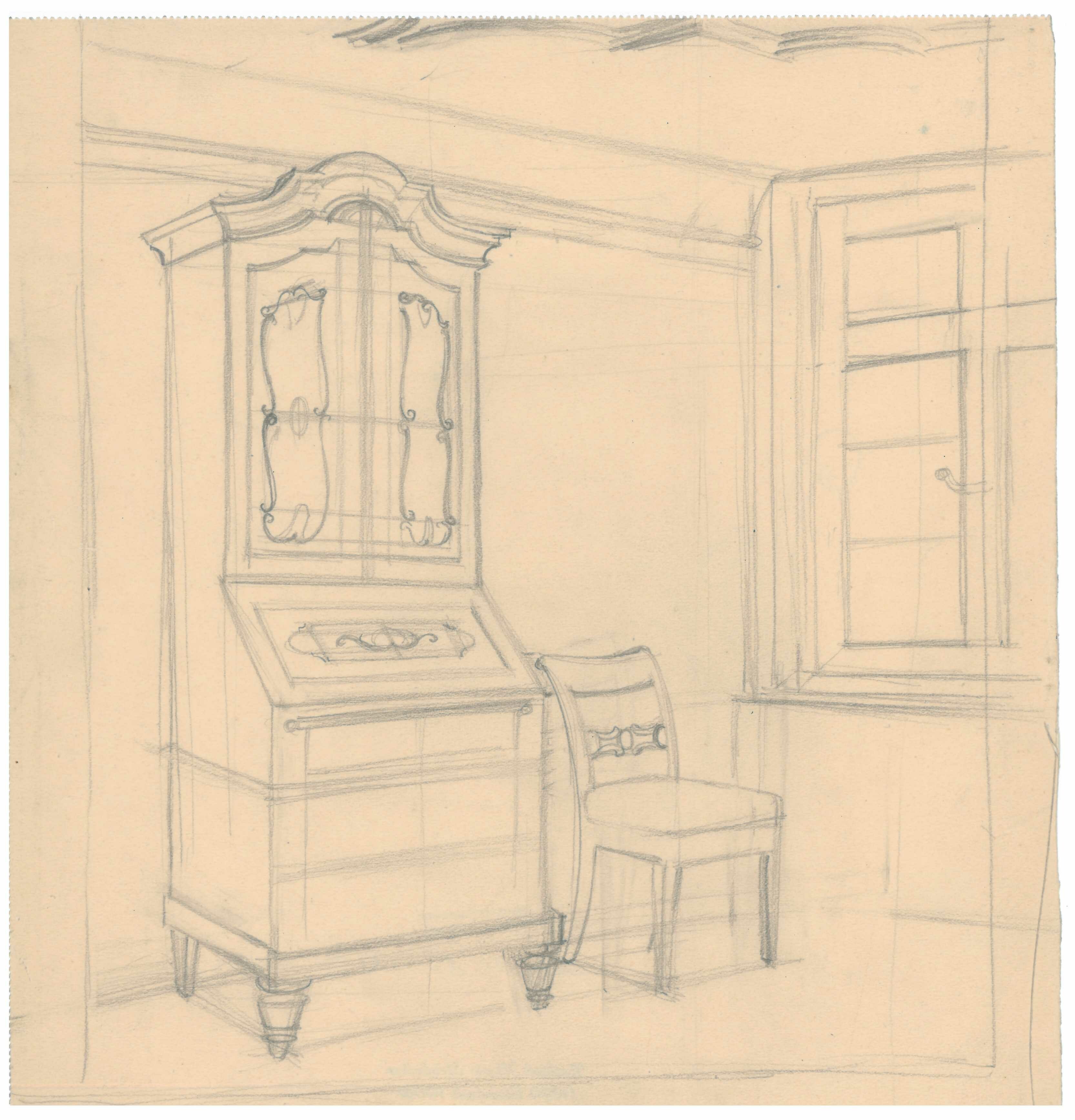 Bleistiftzeichnung von Marie Steinbecker: Museumsgebäude: 2. Obergeschoss (Stadtmuseum Lippstadt RR-F)