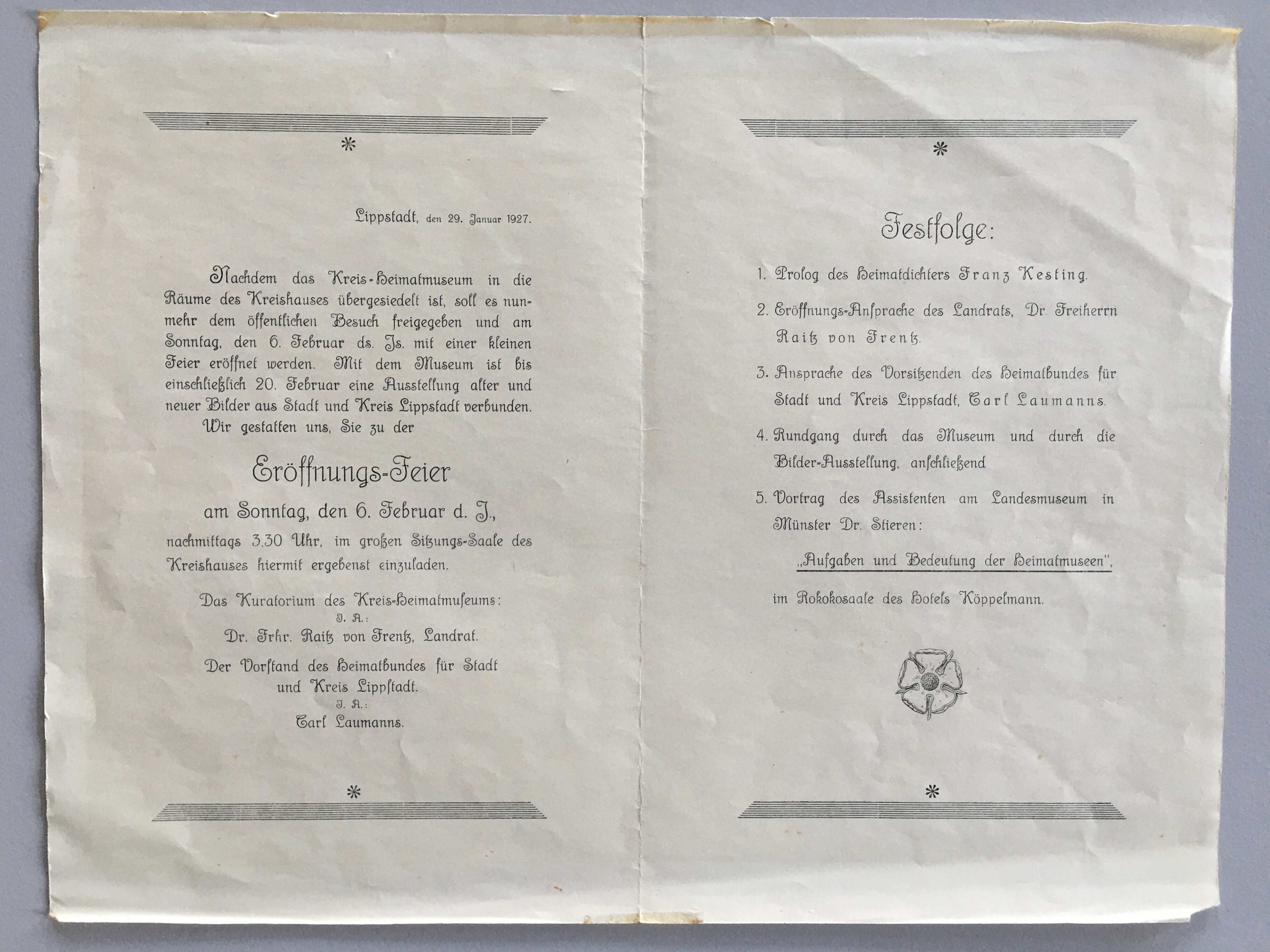 Faltblatt: Einladung zur Eröffnung des Museums am 6.2.1927 (Stadtmuseum Lippstadt RR-F)