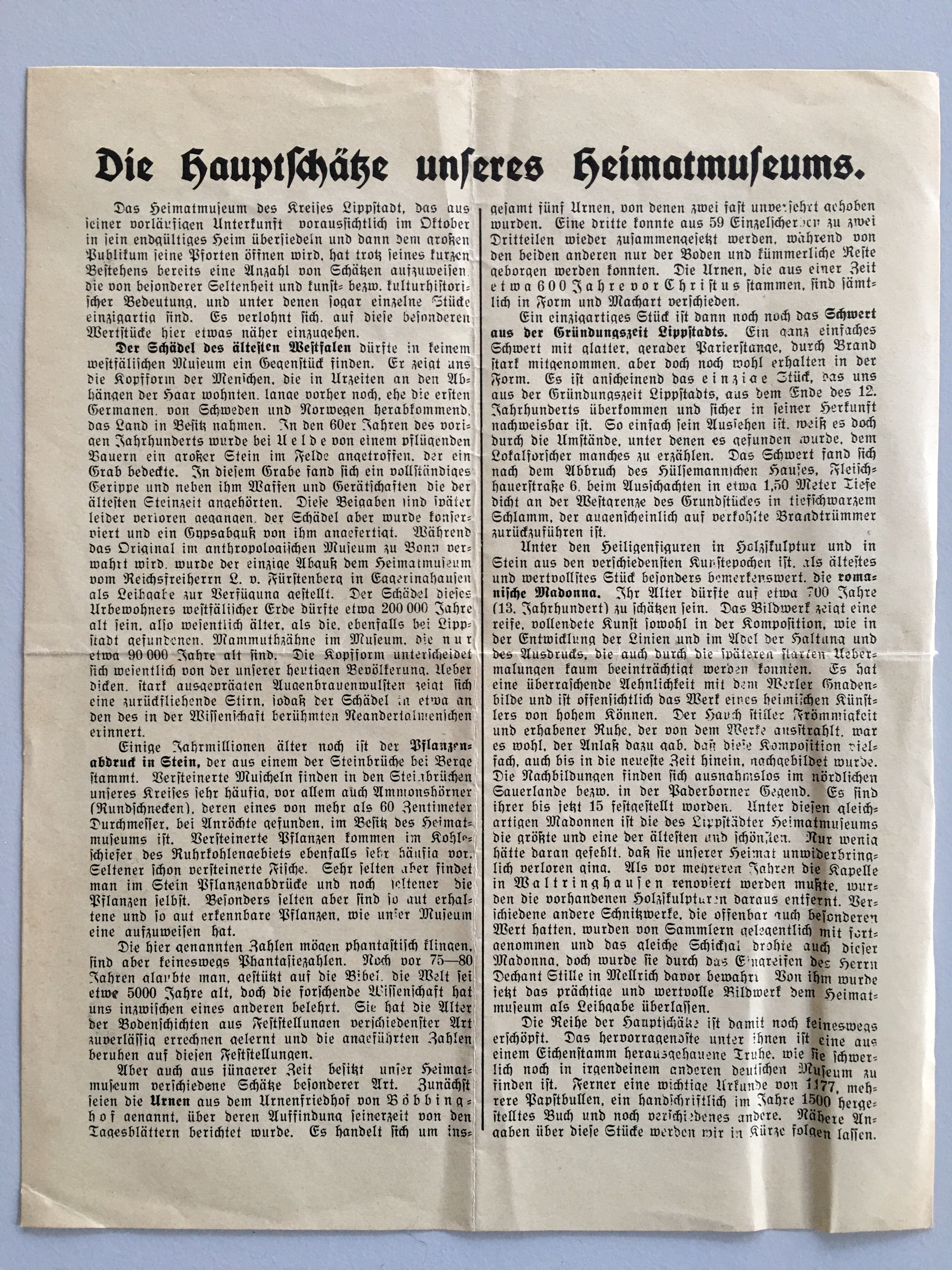 Einblattdruck: Die Hauptschätze unseres Heimatmuseums (Stadtmuseum Lippstadt RR-F)