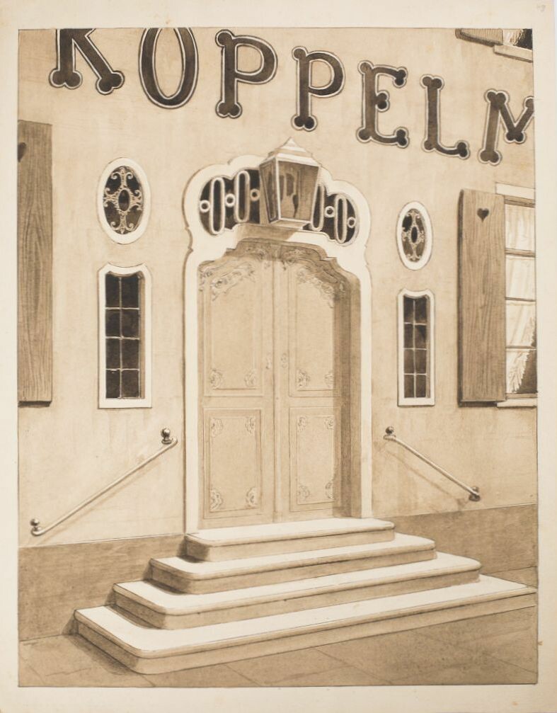 Tuschezeichnung von Friedrich August Höke: Hauptportal des Hotels Köppelmann, Langestr. 30 (Stadtmuseum Lippstadt RR-F)