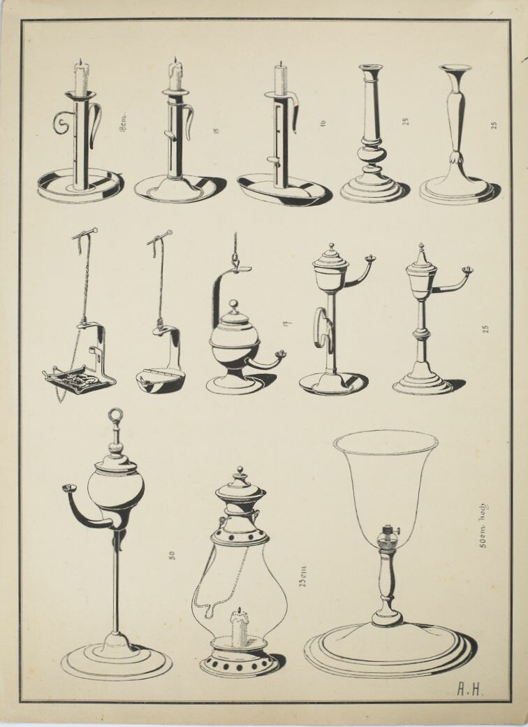 Tuschezeichnung von Friedrich August Höke: Öllampen und Kerzenhalter (Stadtmuseum Lippstadt RR-F)