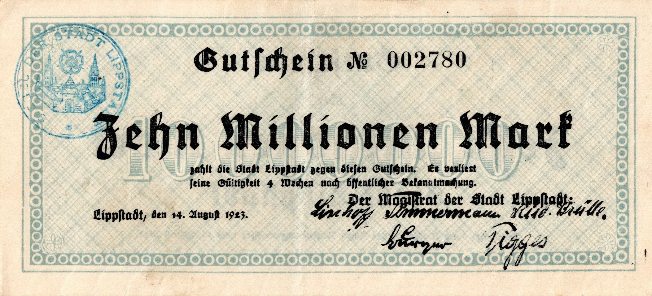 Gutschein für Zehn Millionen Mark (Stadtmuseum Lippstadt RR-F)