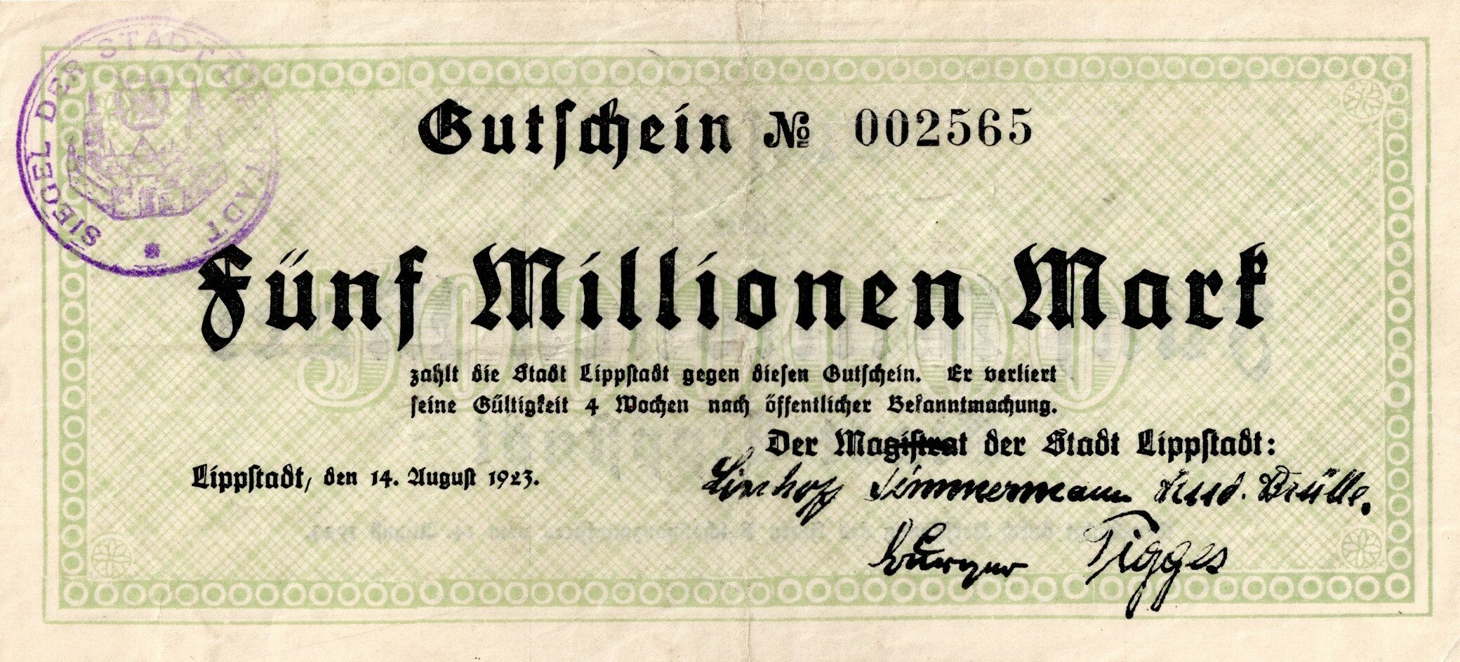 Gutschein über Fünf Millionen Mark (Stadtmuseum Lippstadt RR-F)