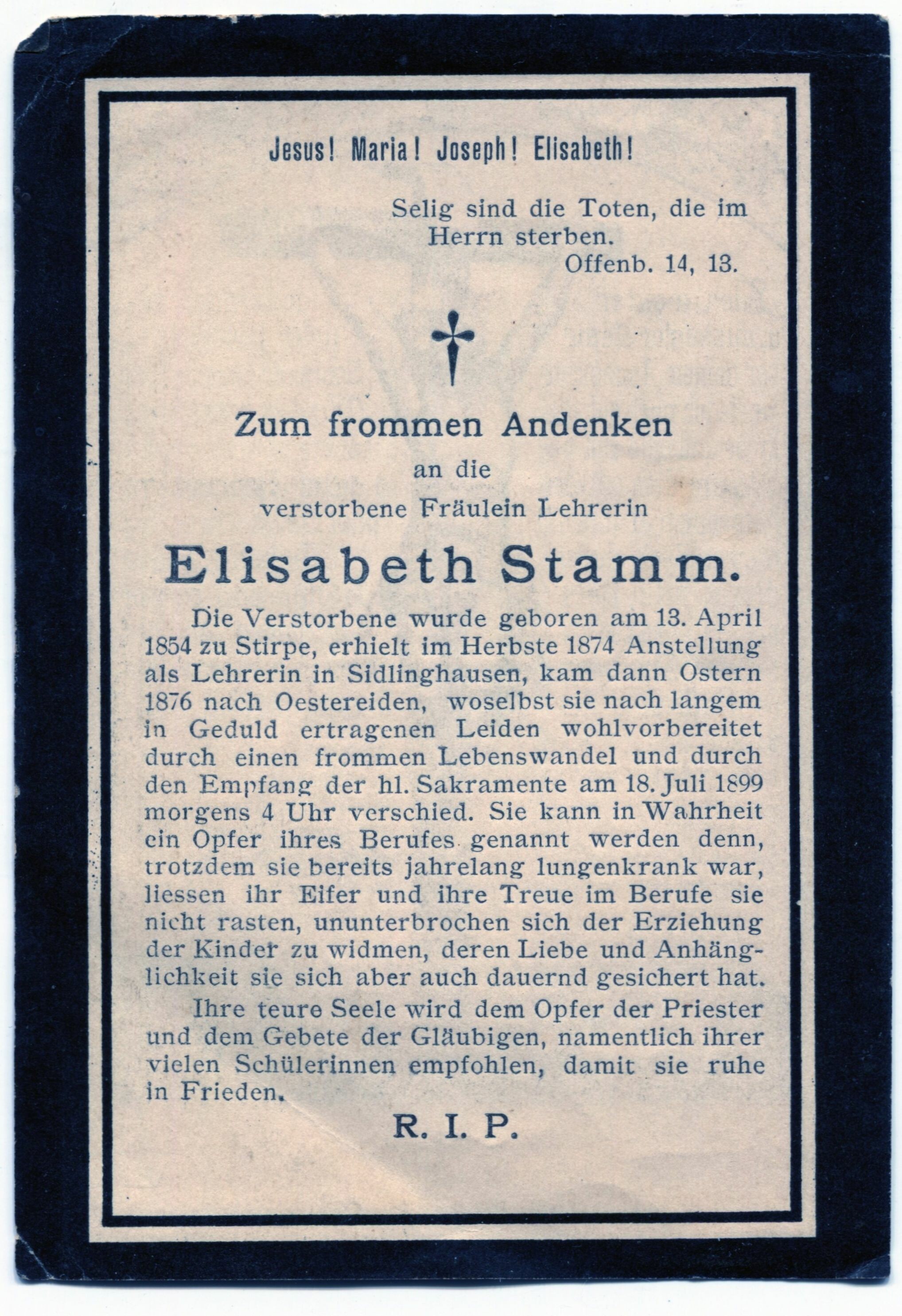 Totenzettel für Elisabeth Stamm 1899 (Stadtmuseum Lippstadt RR-F)