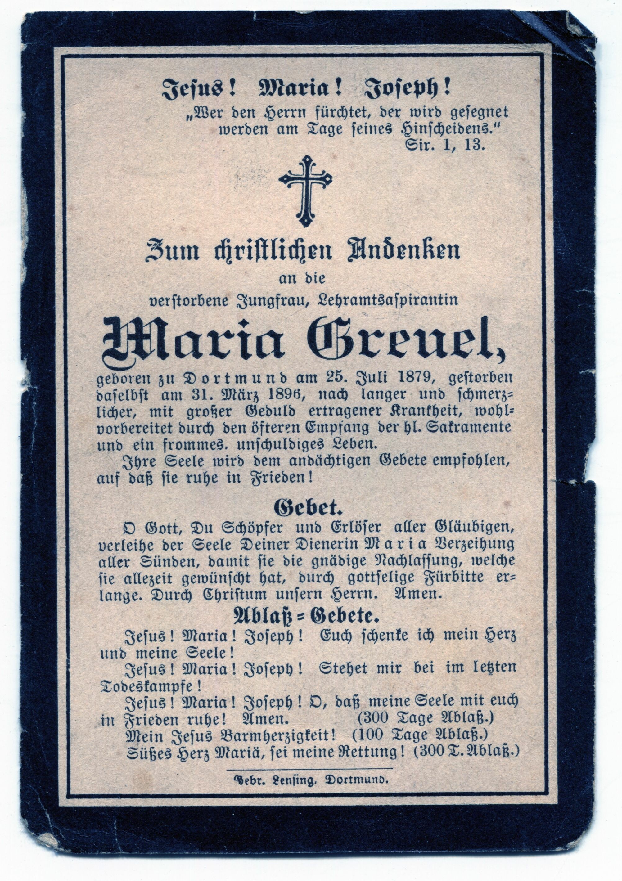 Totenzettel für Maria Greuel 1896 (Stadtmuseum Lippstadt RR-F)