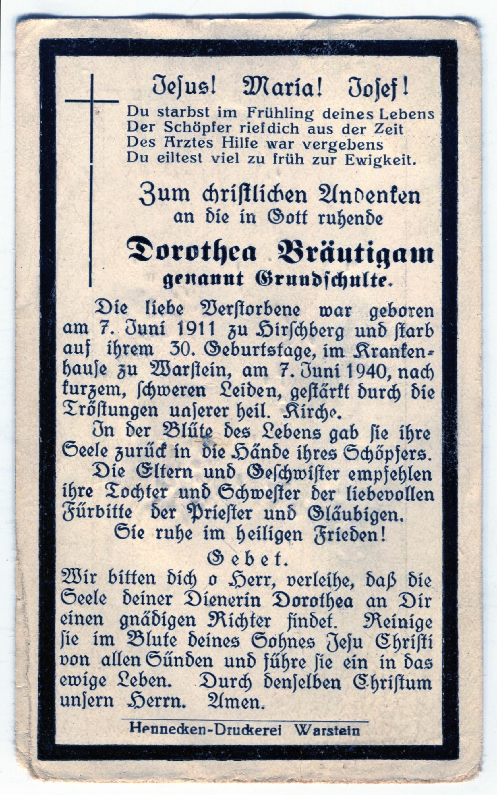 Totenzettel für Dorothea Bräutigam 1940 (Stadtmuseum Lippstadt RR-F)