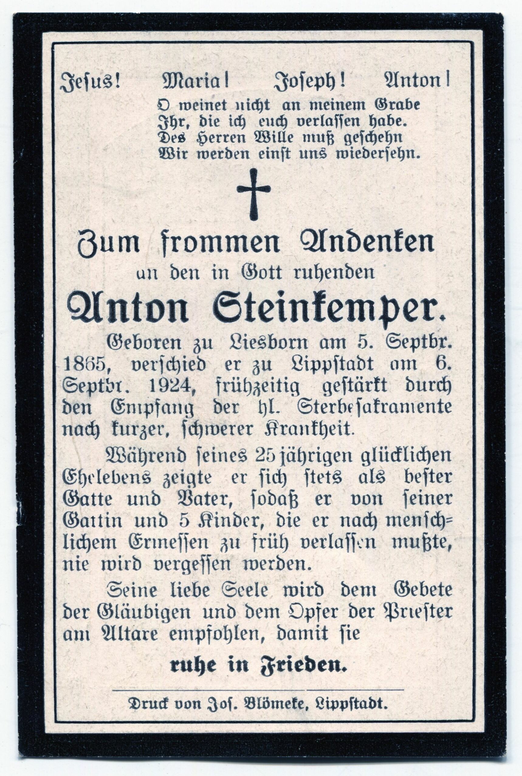 Totenzettel für Anton Steinkemper 1924 (Stadtmuseum Lippstadt RR-F)
