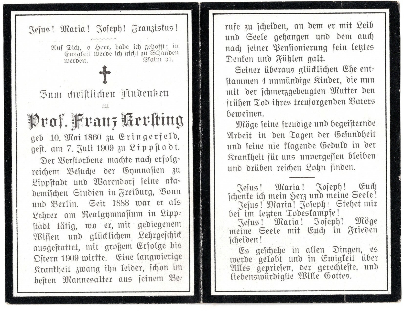 Falt-Totenzettel für Prof. Franz Kersting 1909 (Stadtmuseum Lippstadt RR-F)