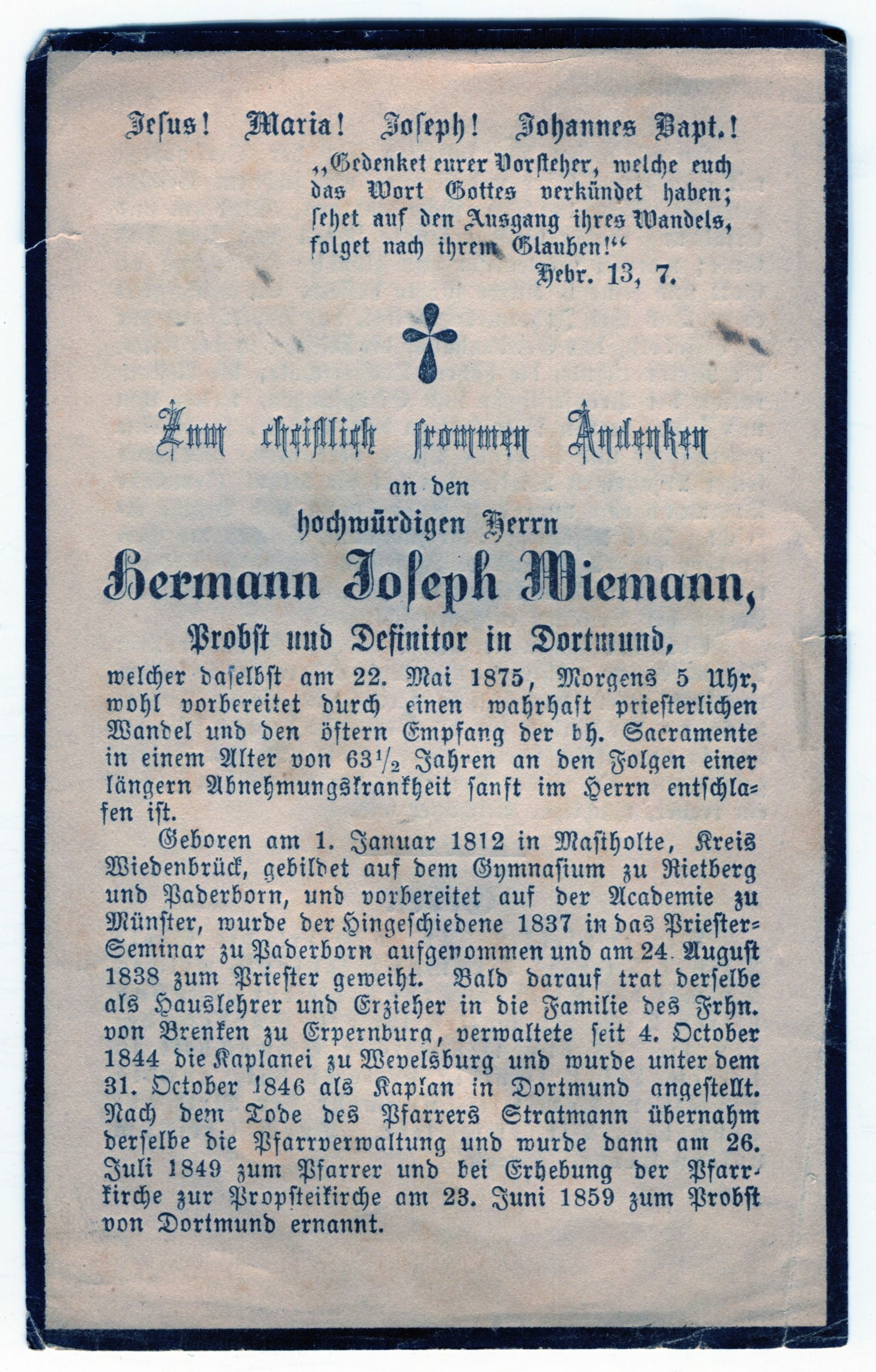 Totenzettel für Hermann Joseph Wiemann 1875 (Stadtmuseum Lippstadt RR-F)