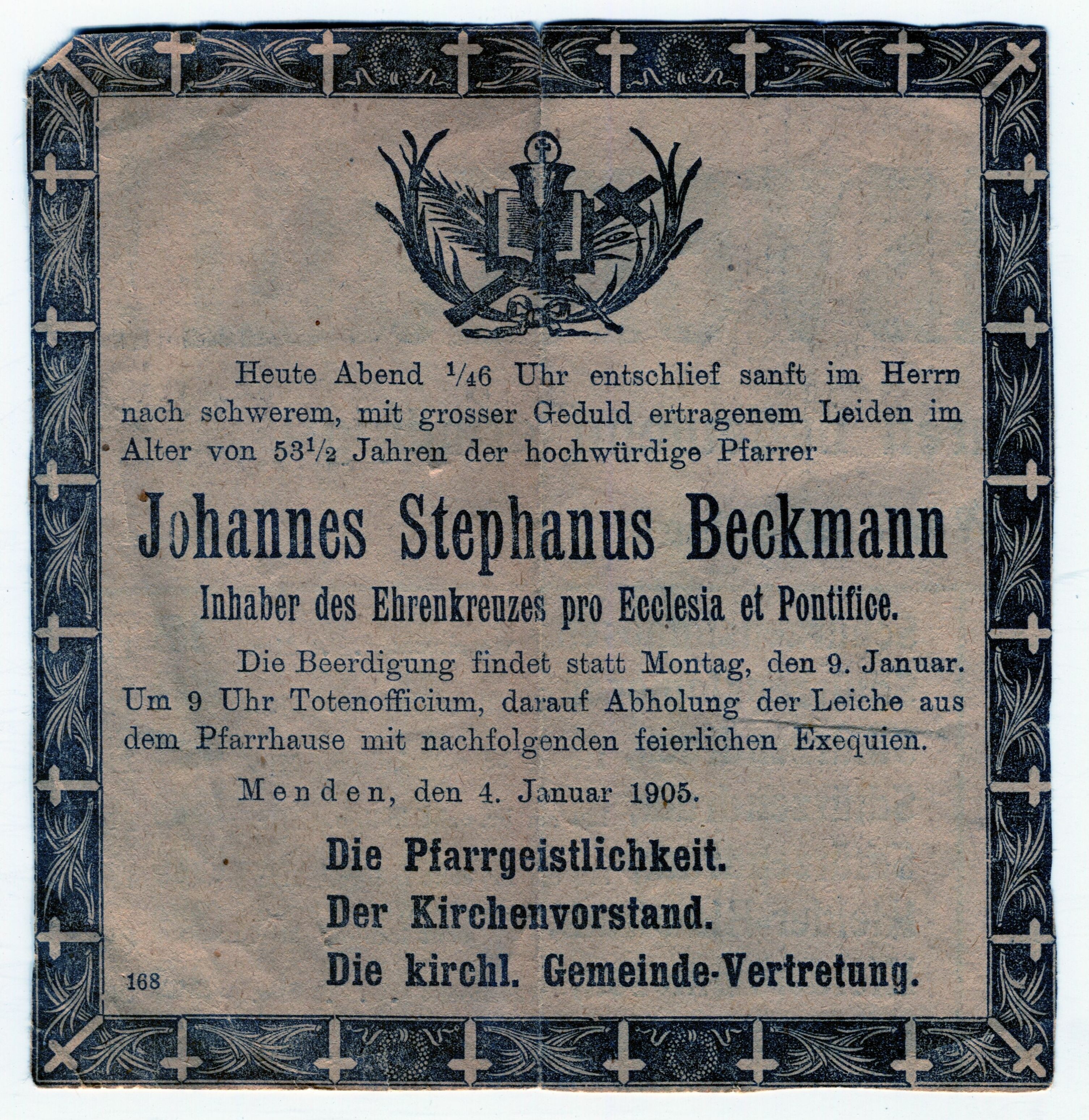 Todesanzeige für Johannes Stephanus Beckmann 1905 (Stadtmuseum Lippstadt RR-F)