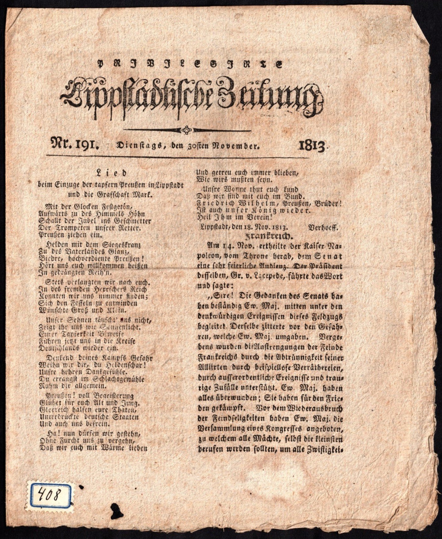 Zeitung : Lippstädtische Zeitung 30.11.1813 (Stadtmuseum Lippstadt RR-F)
