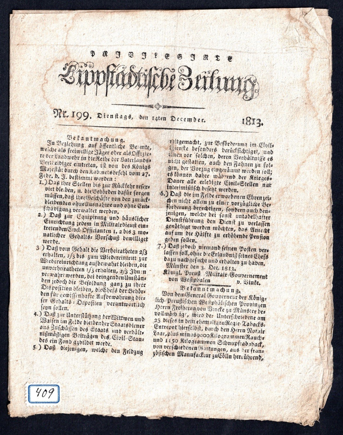 Zeitung : Lippstädtische Zeitung Nr. 199 1813 (Stadtmuseum Lippstadt RR-F)