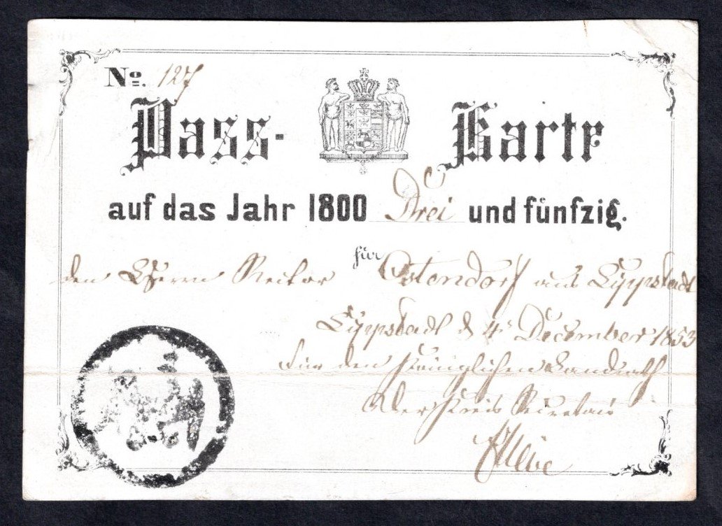 Passkarte Julius Ostendorf 1853 (Stadtmuseum Lippstadt RR-F)