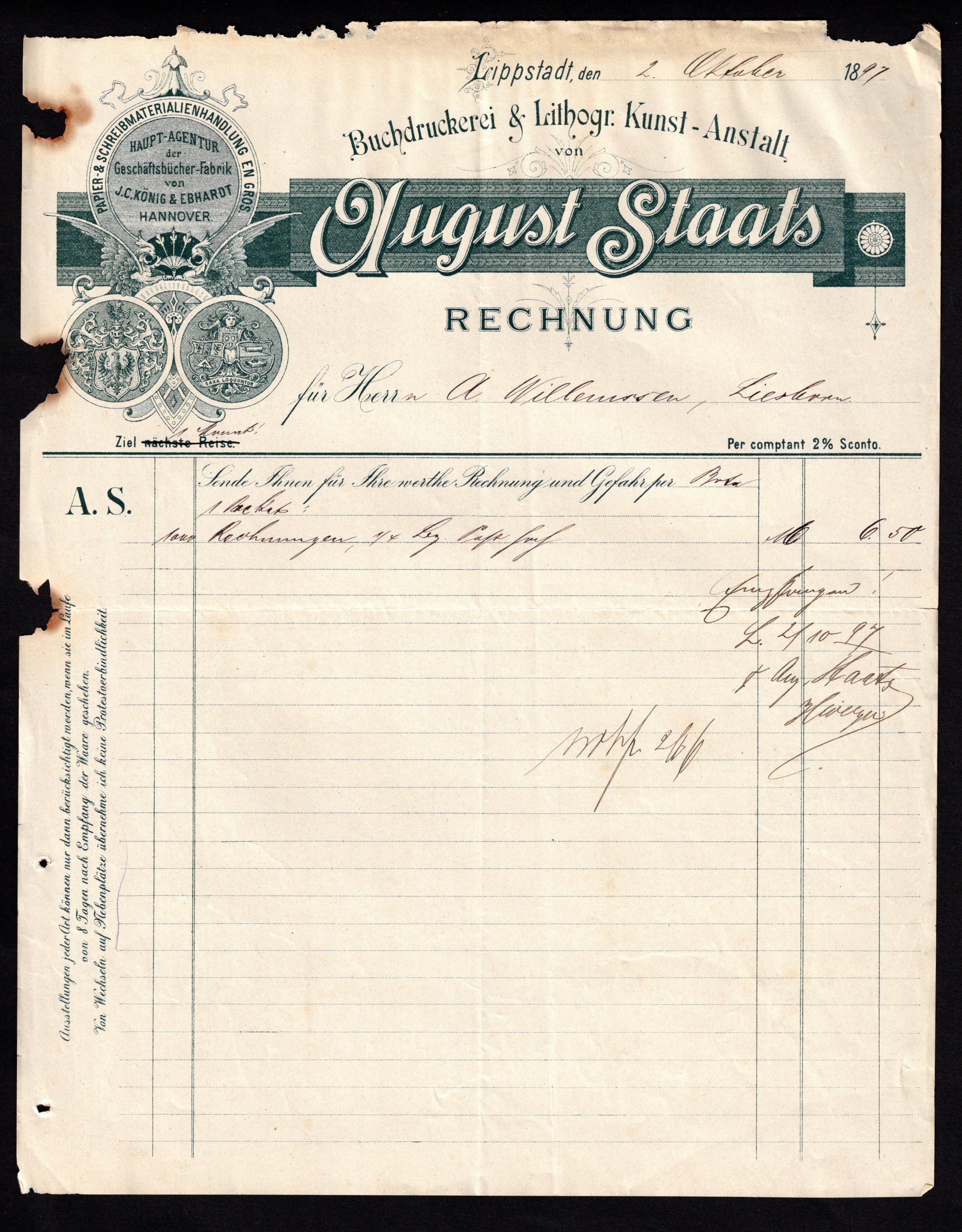 Rechnung August Staats Druckerei Lippstadt 1897 (Stadtmuseum Lippstadt RR-F)