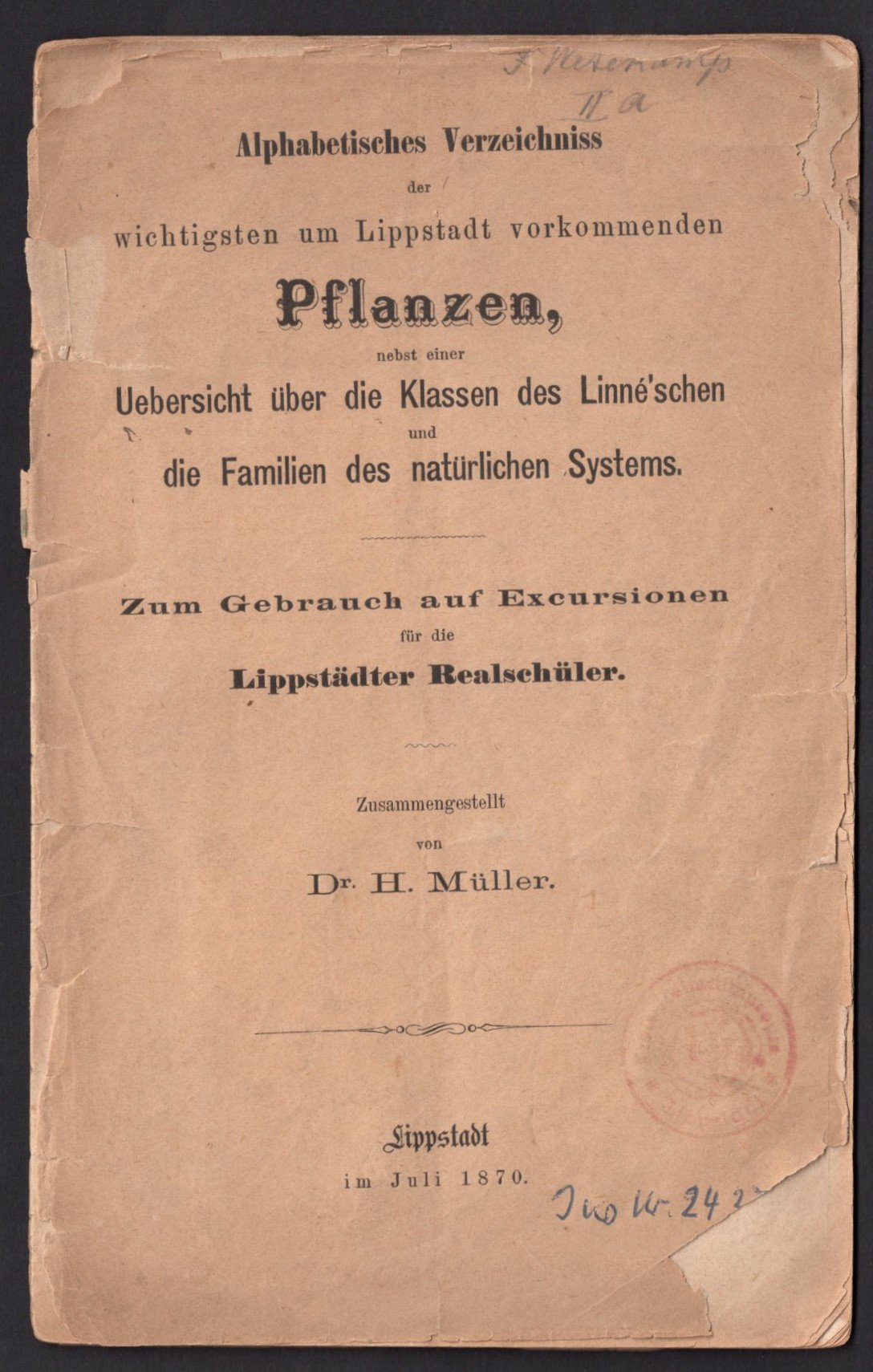 Broschüre : Müller, Hermann; Verzeichnis der wichtigsten um Lippstadt vorkommenden Pflanzen; 1870 (Stadtmuseum Lippstadt RR-F)