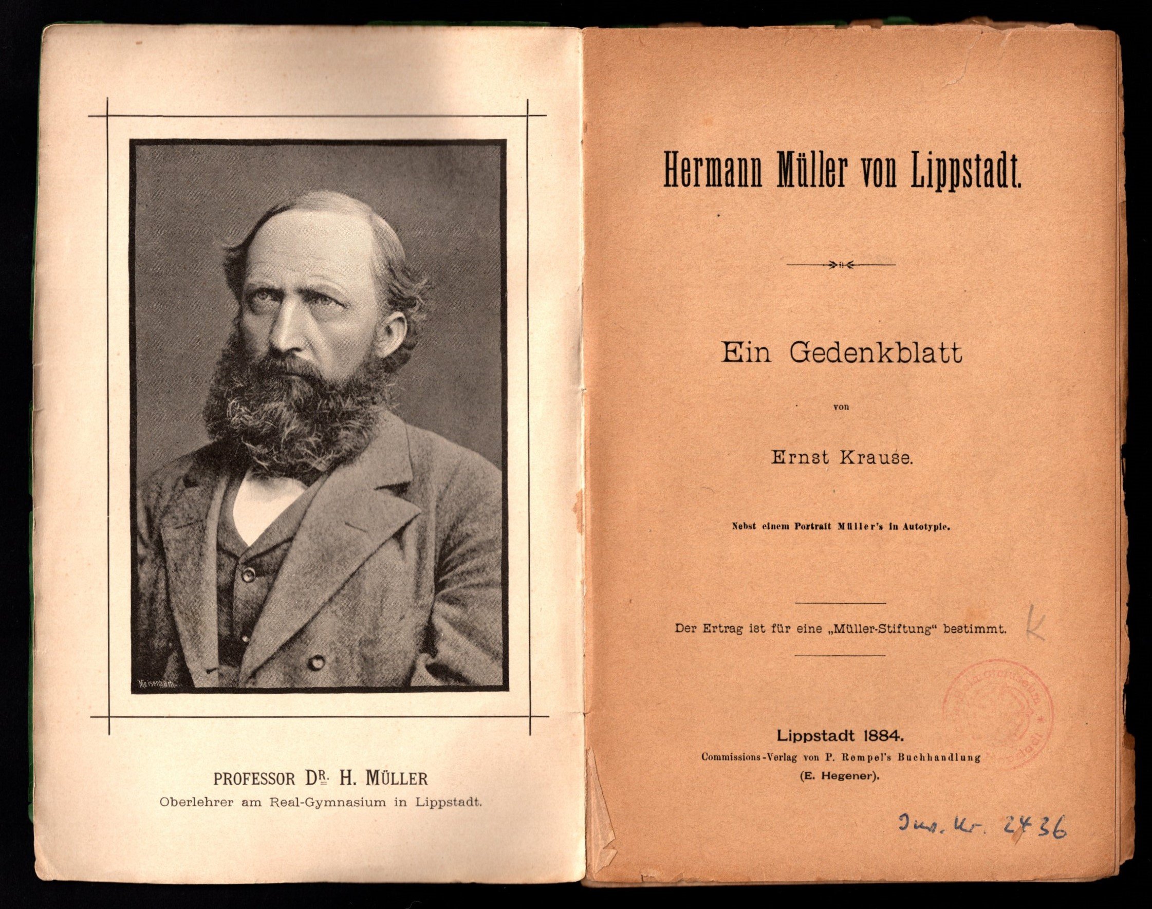 Broschüre : Krause, Ernst: Hermann Müller von Lippstadt - ein Gedenkblatt 1884 (Stadtmuseum Lippstadt RR-F)