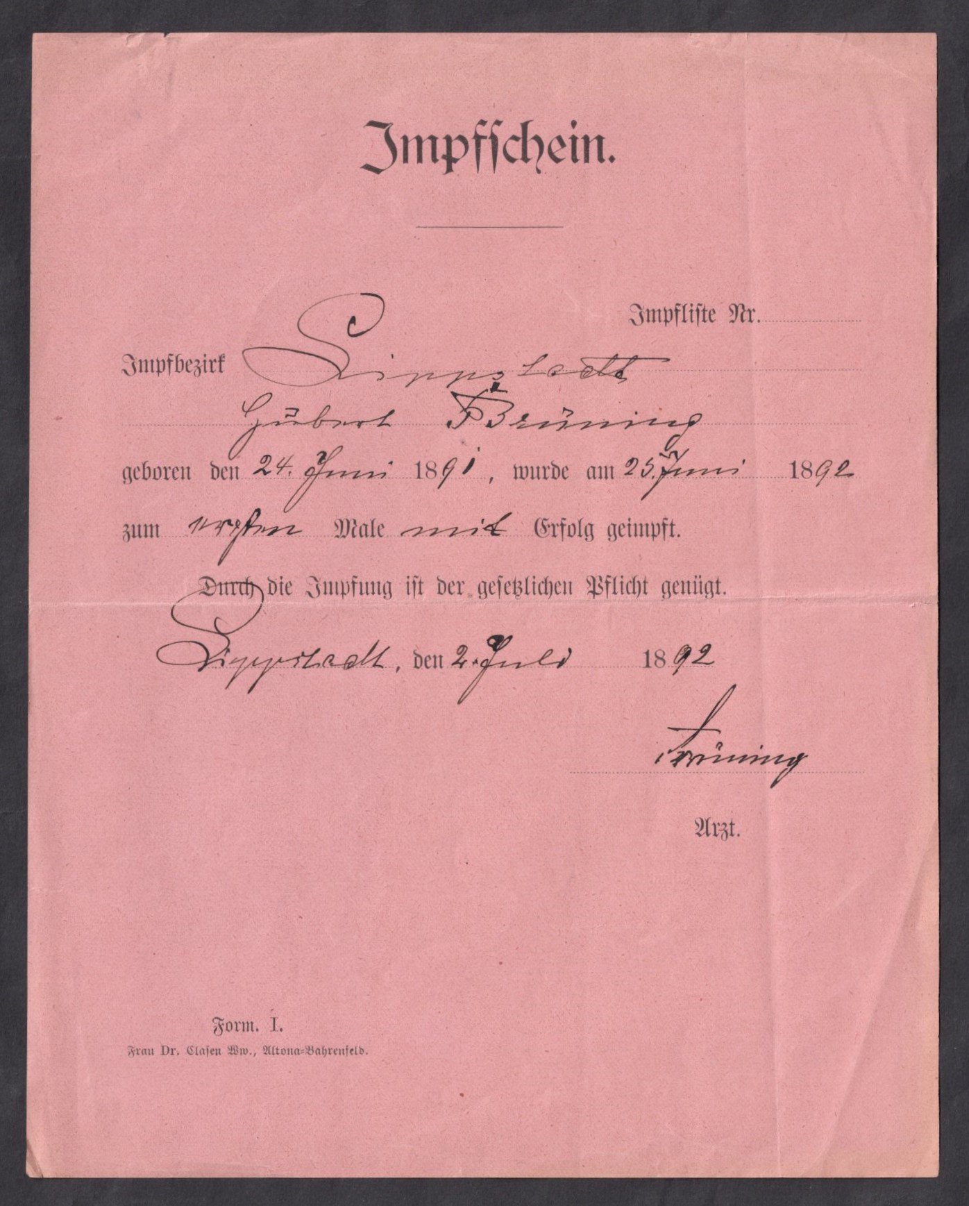 Impfschein Hubert Brüning Lippstadt 1892 (Stadtmuseum Lippstadt RR-F)