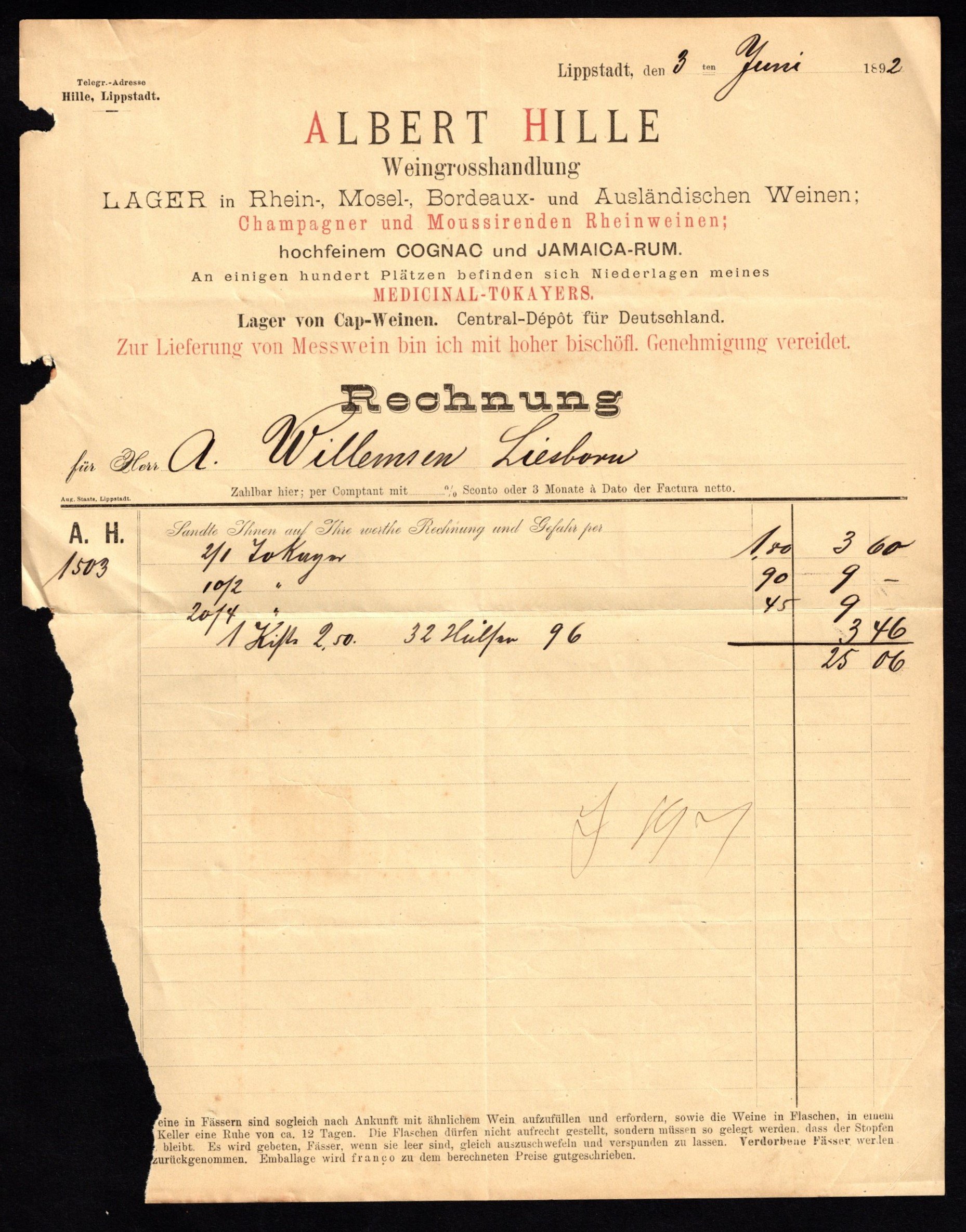 Rechnung der "Weingroßhandlung Albert Hille, Lippstadt-Rüdesheim" 1892 (Stadtmuseum Lippstadt RR-F)