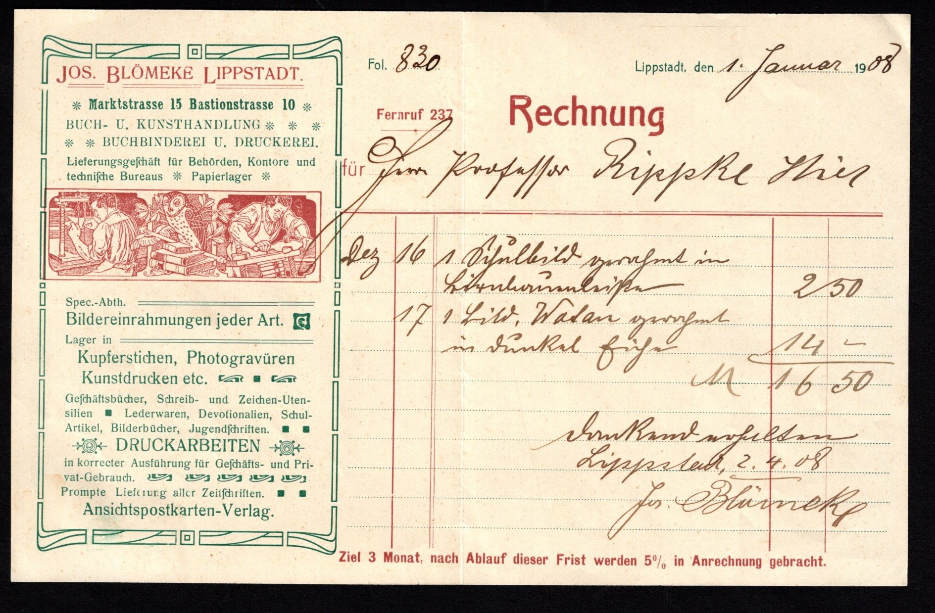 Rechnung : Fa. Josef Blömeke, Lippstadt, 1908 (Stadtmuseum Lippstadt RR-F)