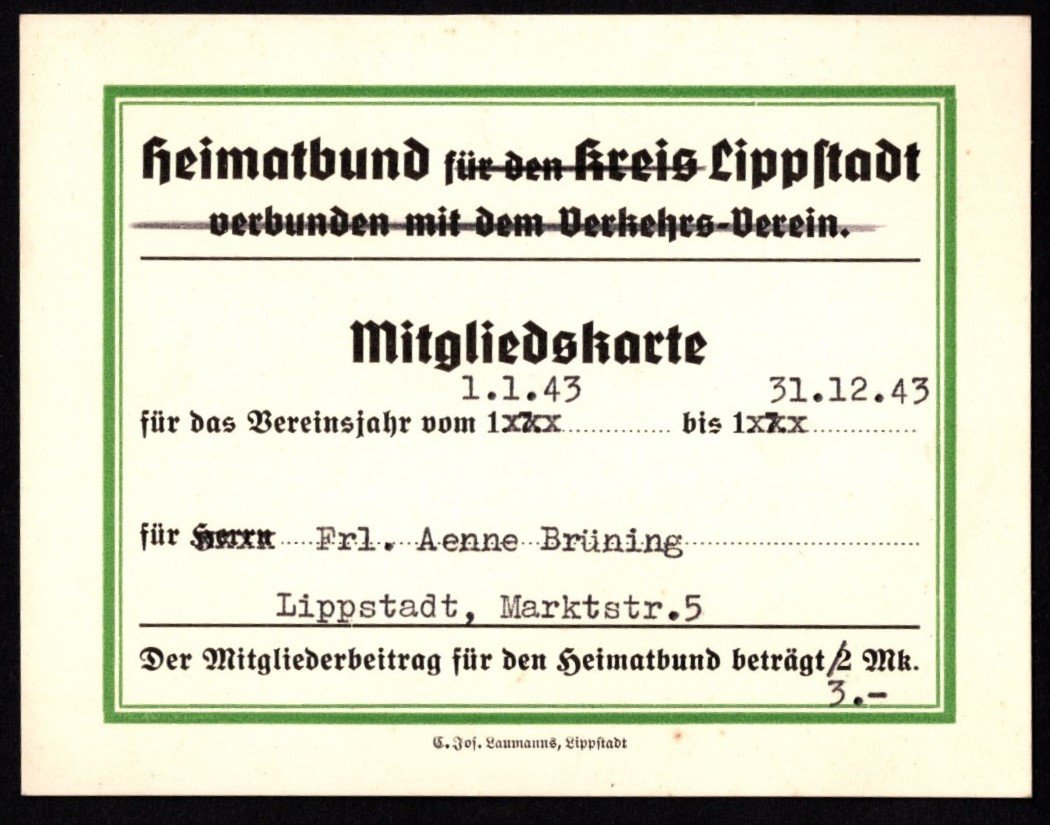 Mitgliedskarte Aenne Brüning Heimatbund Lippstadt 1943 (Stadtmuseum Lippstadt RR-F)