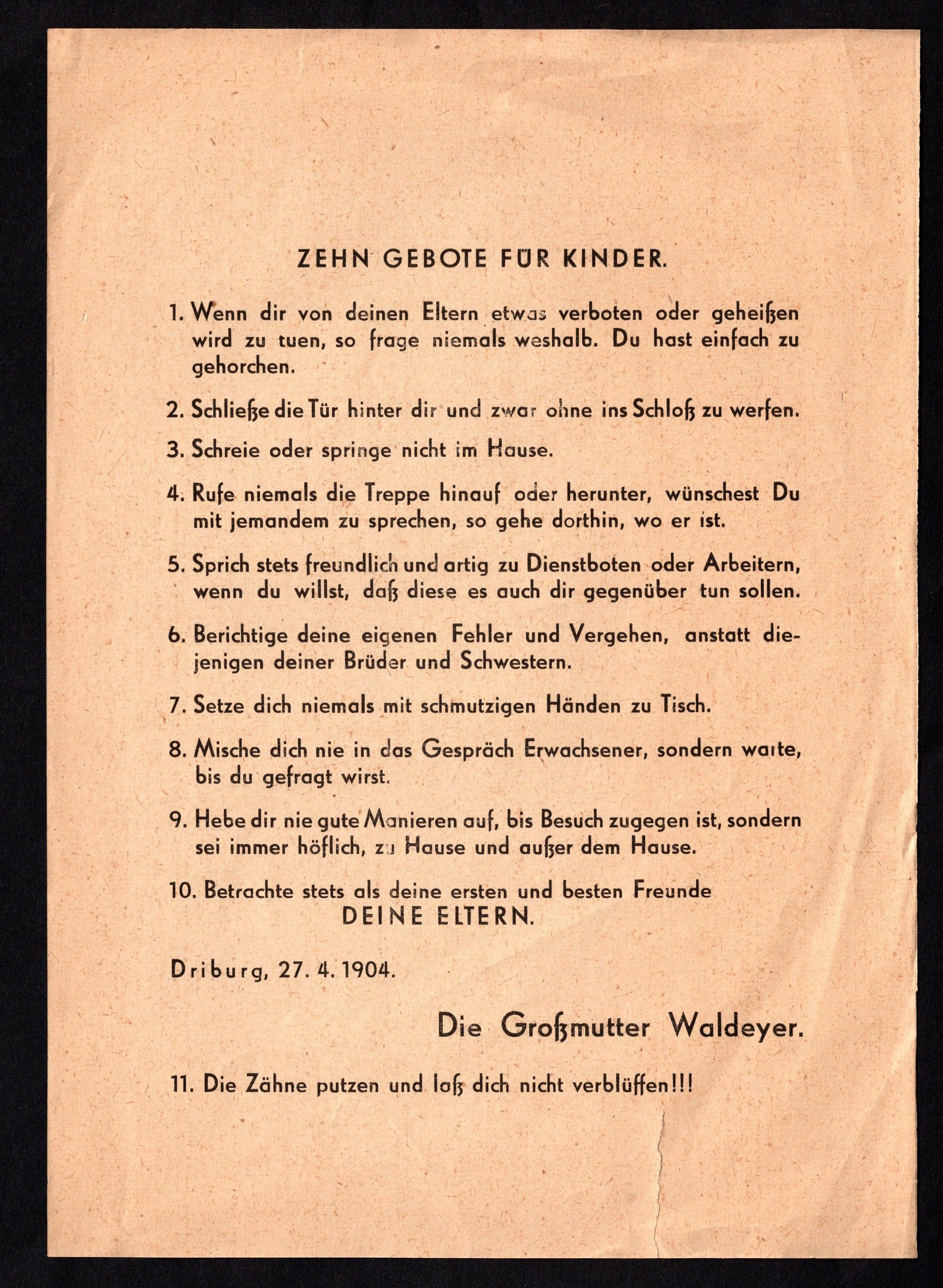 Zettel : Zehn Gebote für Kinder (Stadtmuseum Lippstadt RR-F)