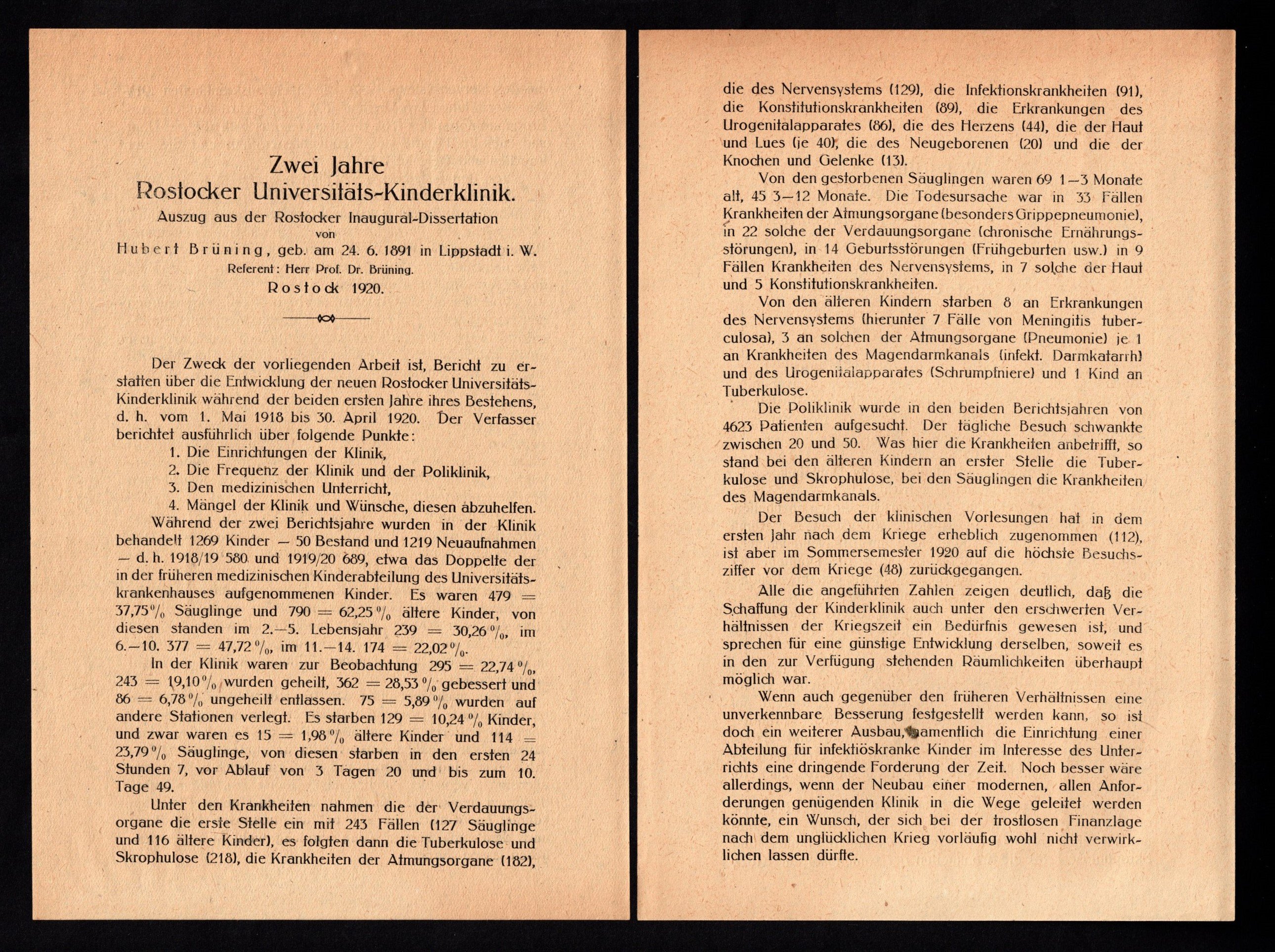 Auszug : Inaugural-Dissertation Hubert Brüning aus Lippstadt , Rostock 1920 (Stadtmuseum Lippstadt RR-F)
