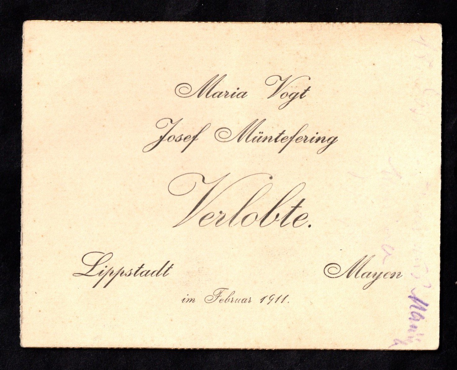 Verlobungsanzeige Maria Vogt - Josef Müntefering Lippstadt 1911 (Stadtmuseum Lippstadt RR-F)