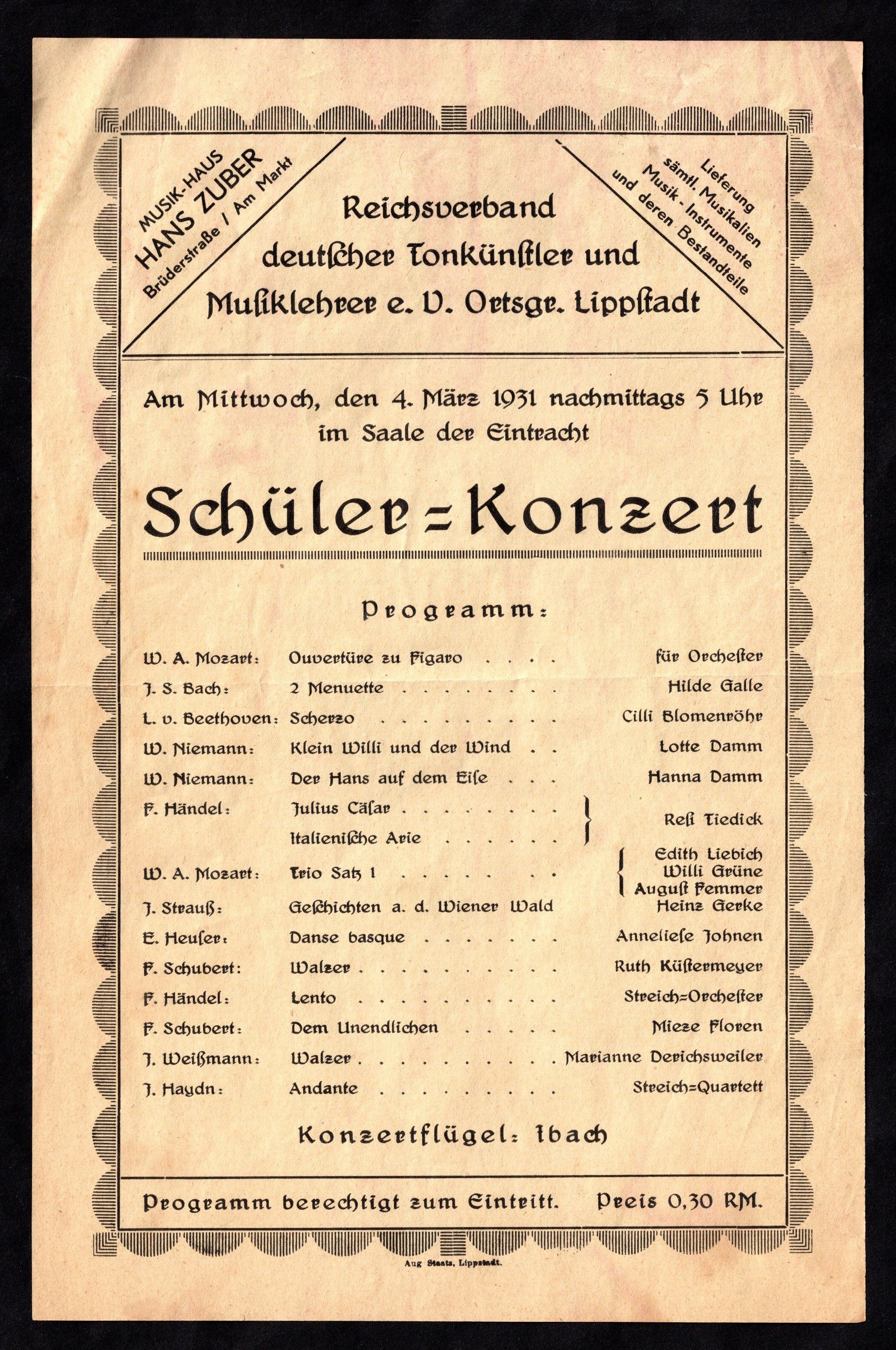 Plakat : Schülerkonzert Ortsgruppe Lippstadt 1931 (Stadtmuseum Lippstadt RR-F)