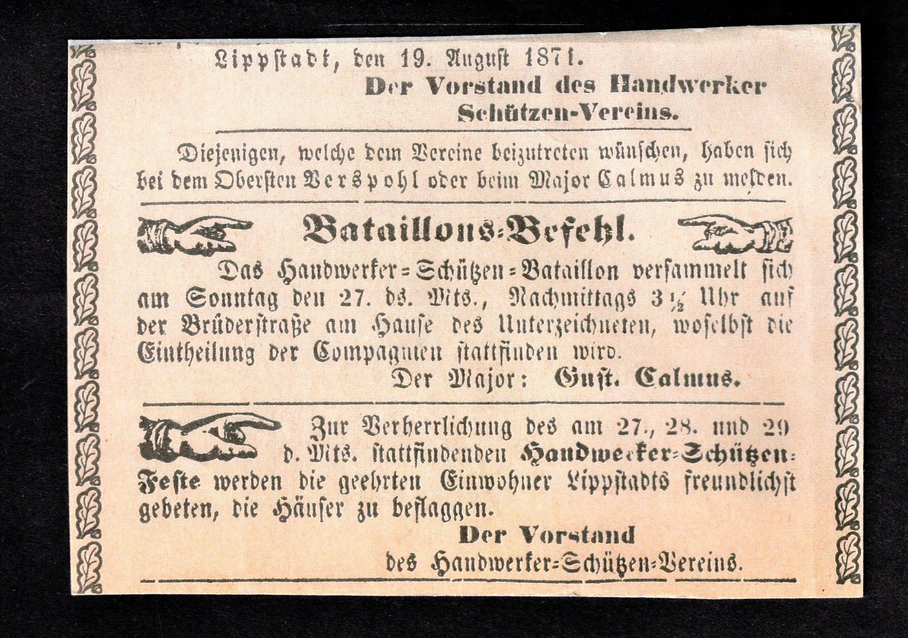 Aushangbaltt Batallionsbefehl Handwerker Schützenverein Lippstadt 1871 (Stadtmuseum Lippstadt CC BY-NC-ND)
