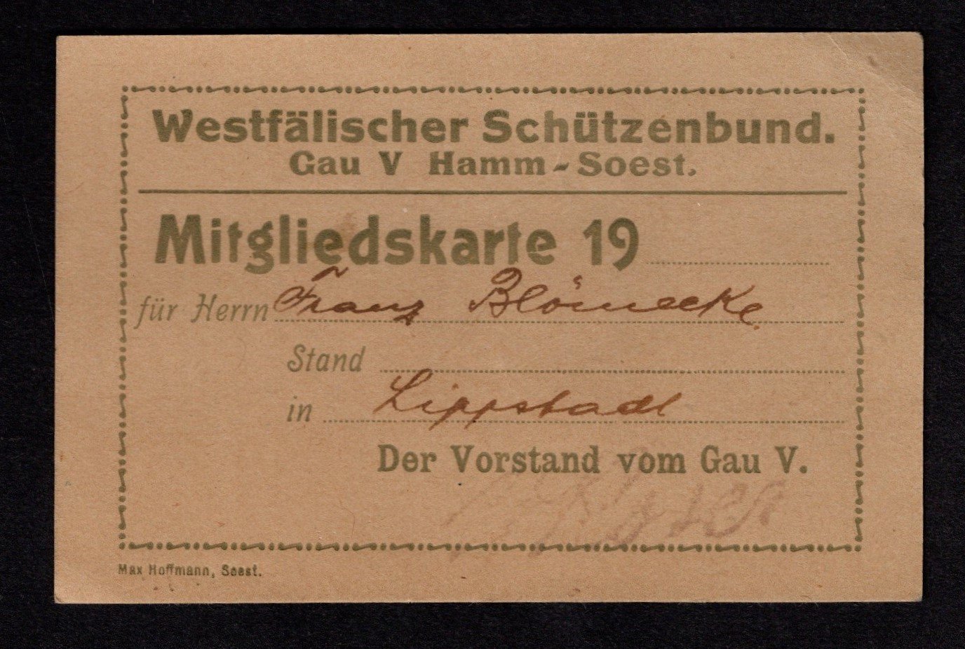 Fotokopie einer Mitgliedskarte des Westfälischen Schützenbundes (Stadtmuseum Lippstadt CC BY-NC-ND)