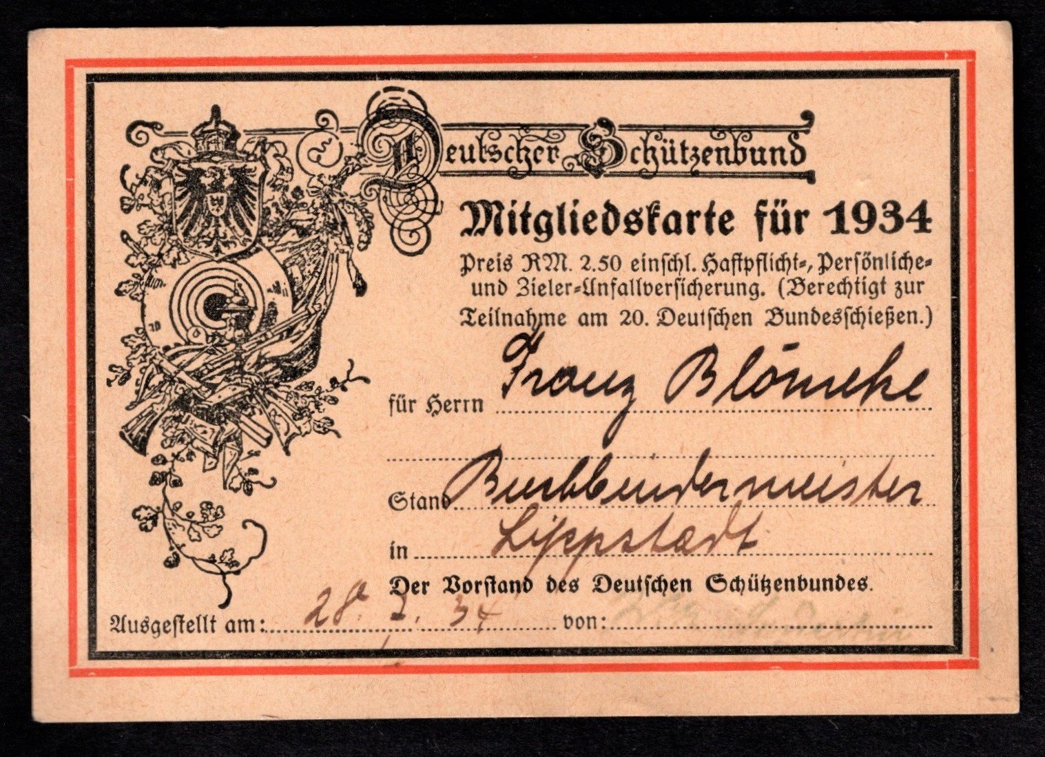 Mitgliedskarte Deutscher Schützenbund 1934 (Stadtmuseum Lippstadt CC BY-NC-ND)