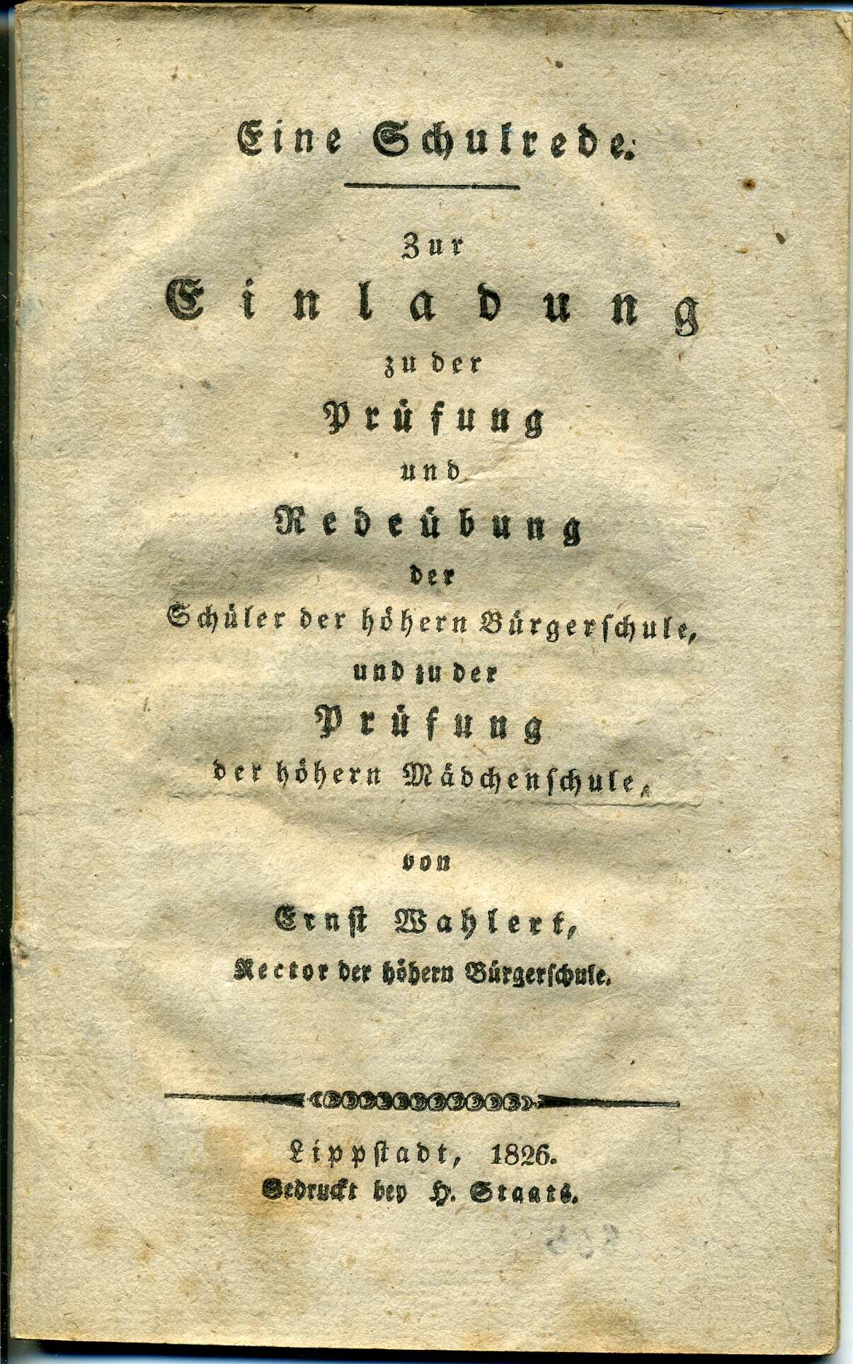 Heft einer Schulrede von Georg Ernst Adam Wahlert (Stadtmuseum Lippstadt RR-F)