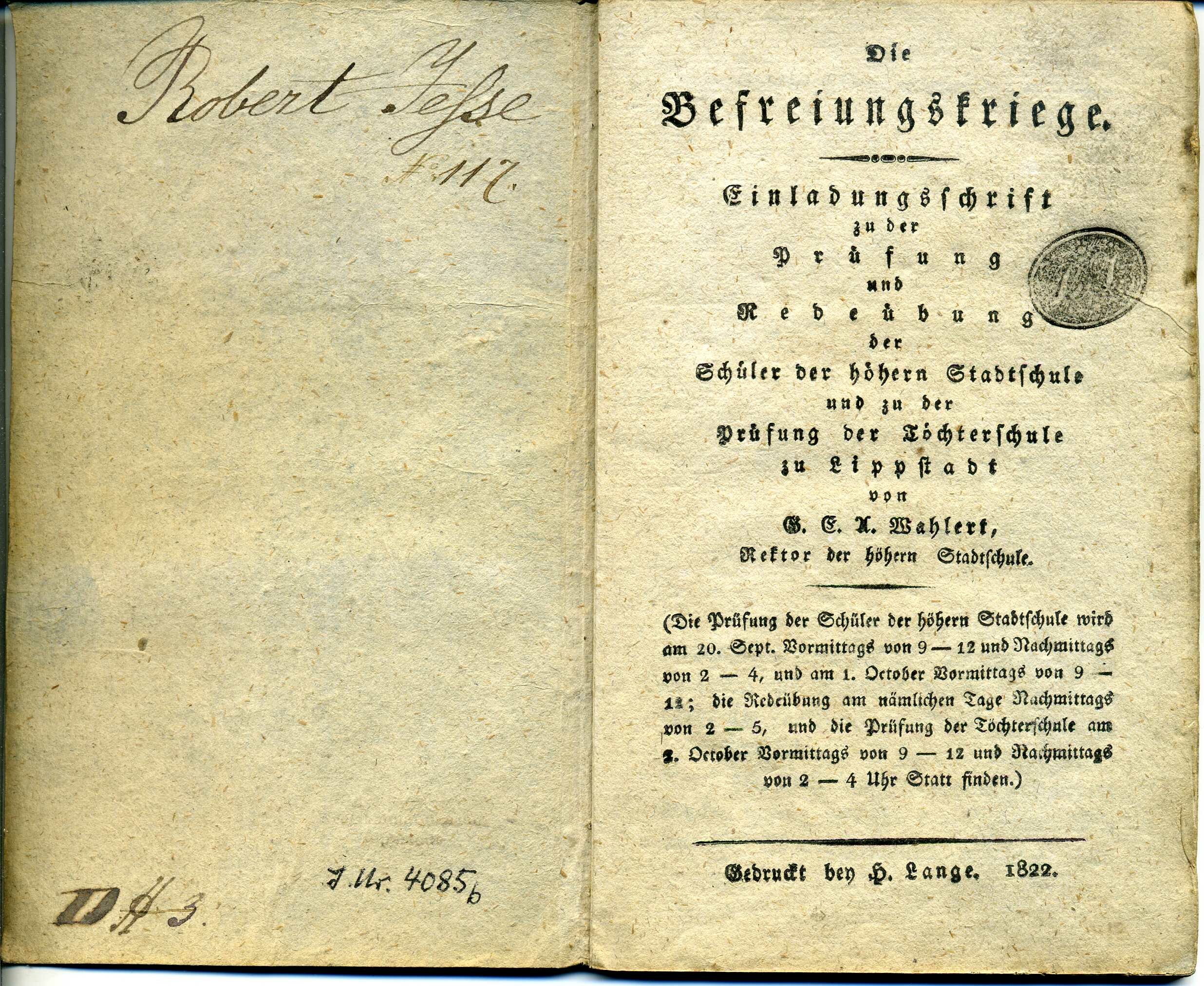 Heft "Die Befreiungskriege" von Georg Ernst Adam Wahlert (Stadtmuseum Lippstadt RR-F)