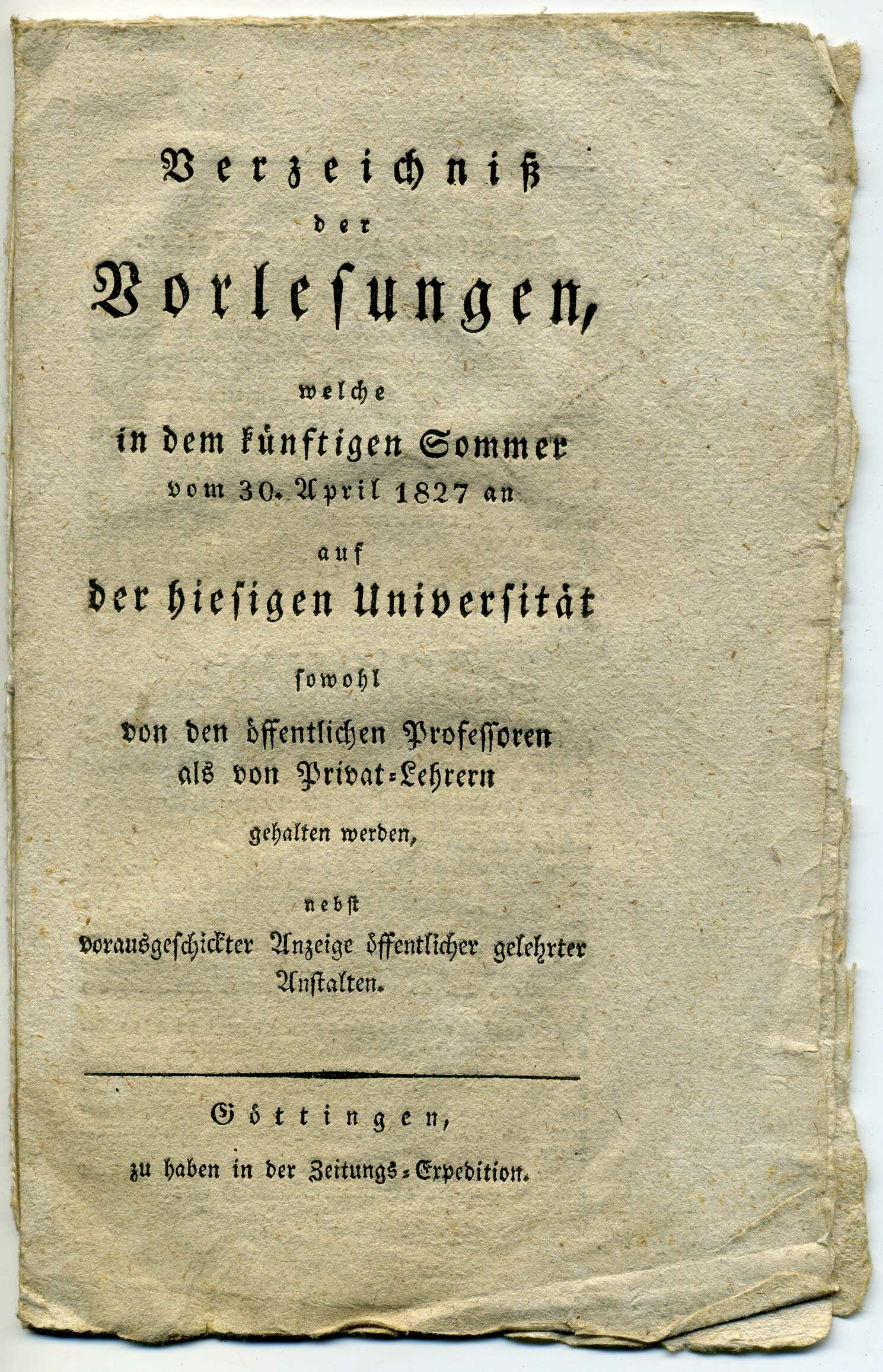 Vorlesungsverzeichnis Göttingen 1827 (Stadtmuseum Lippstadt RR-F)