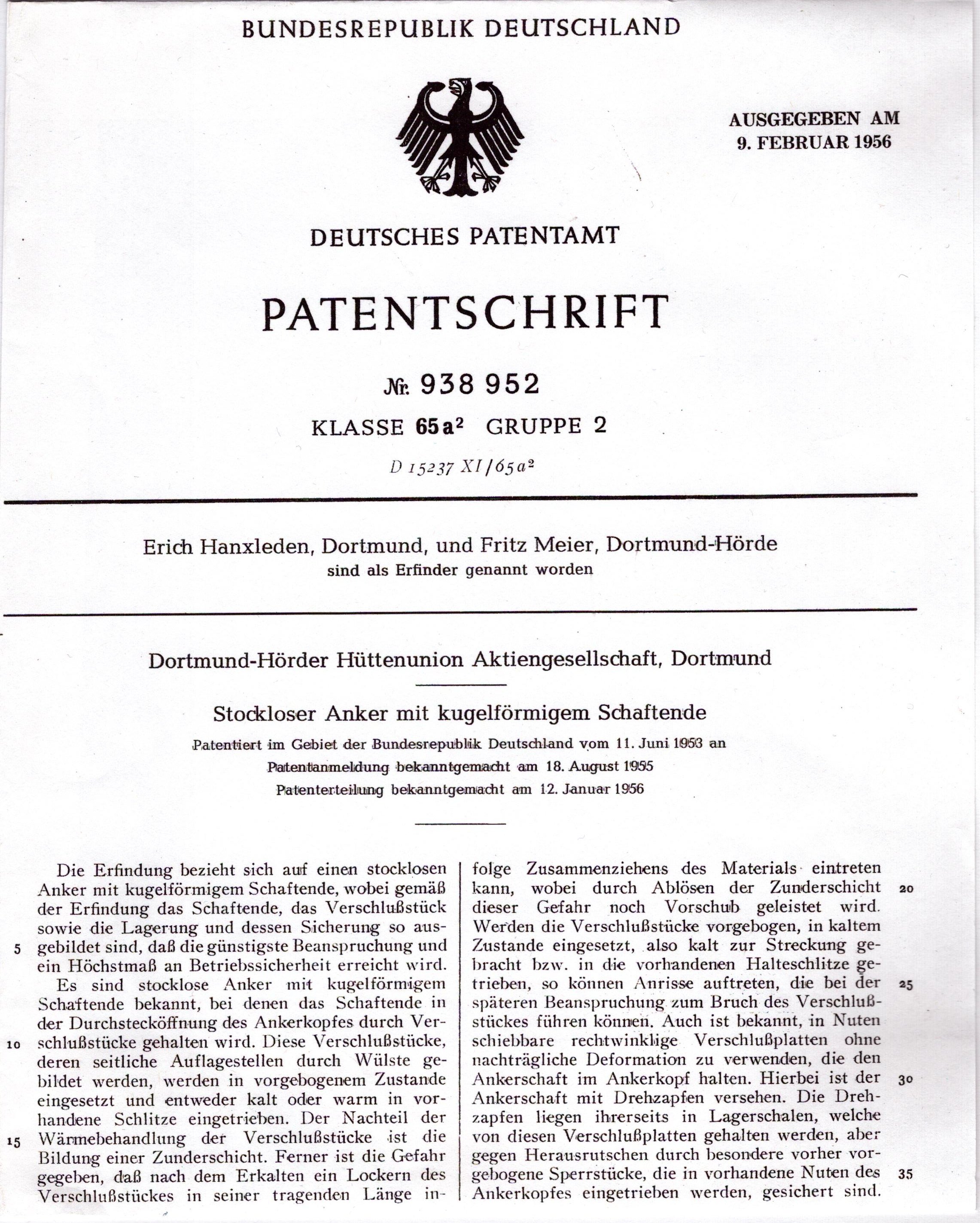 Patentschrift für den "stocklosen Anker mit kugelförmigen Schaftende" (Museum des Heimatvereins Hörde CC BY-NC-SA)
