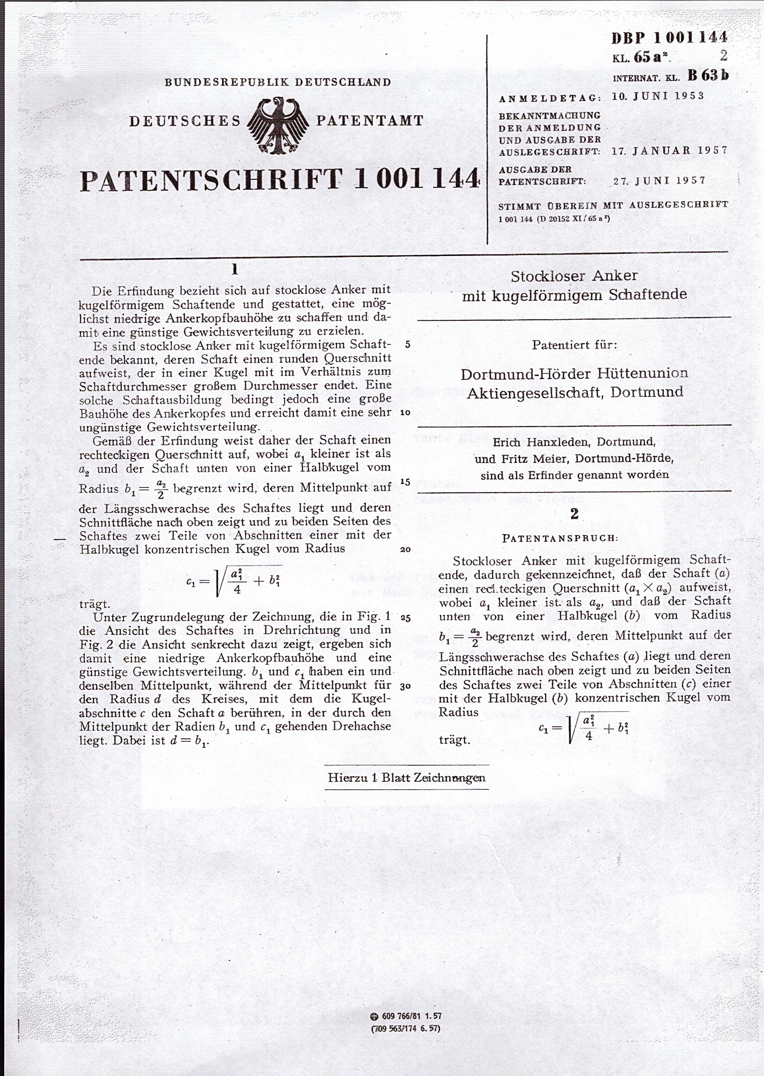 Patentschrift Nr. 1 001 144 (Museum des Heimatvereins Hörde CC BY-NC-SA)