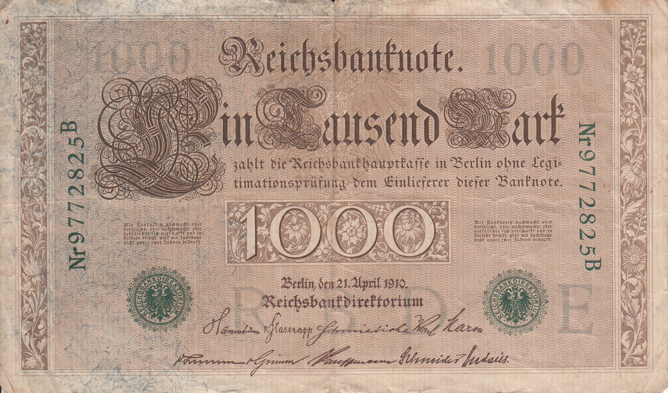 Reichsbanknote 1000 Mark von 1910 (Museum des Heimatvereins Hörde CC BY-NC-SA)