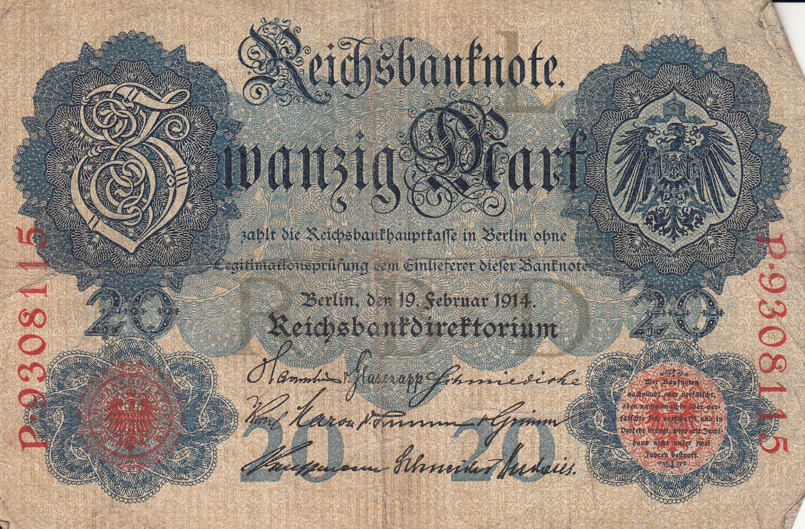 Reichsbanknote 20 Mark von 1914 (Museum des Heimatvereins Hörde CC BY-NC-SA)