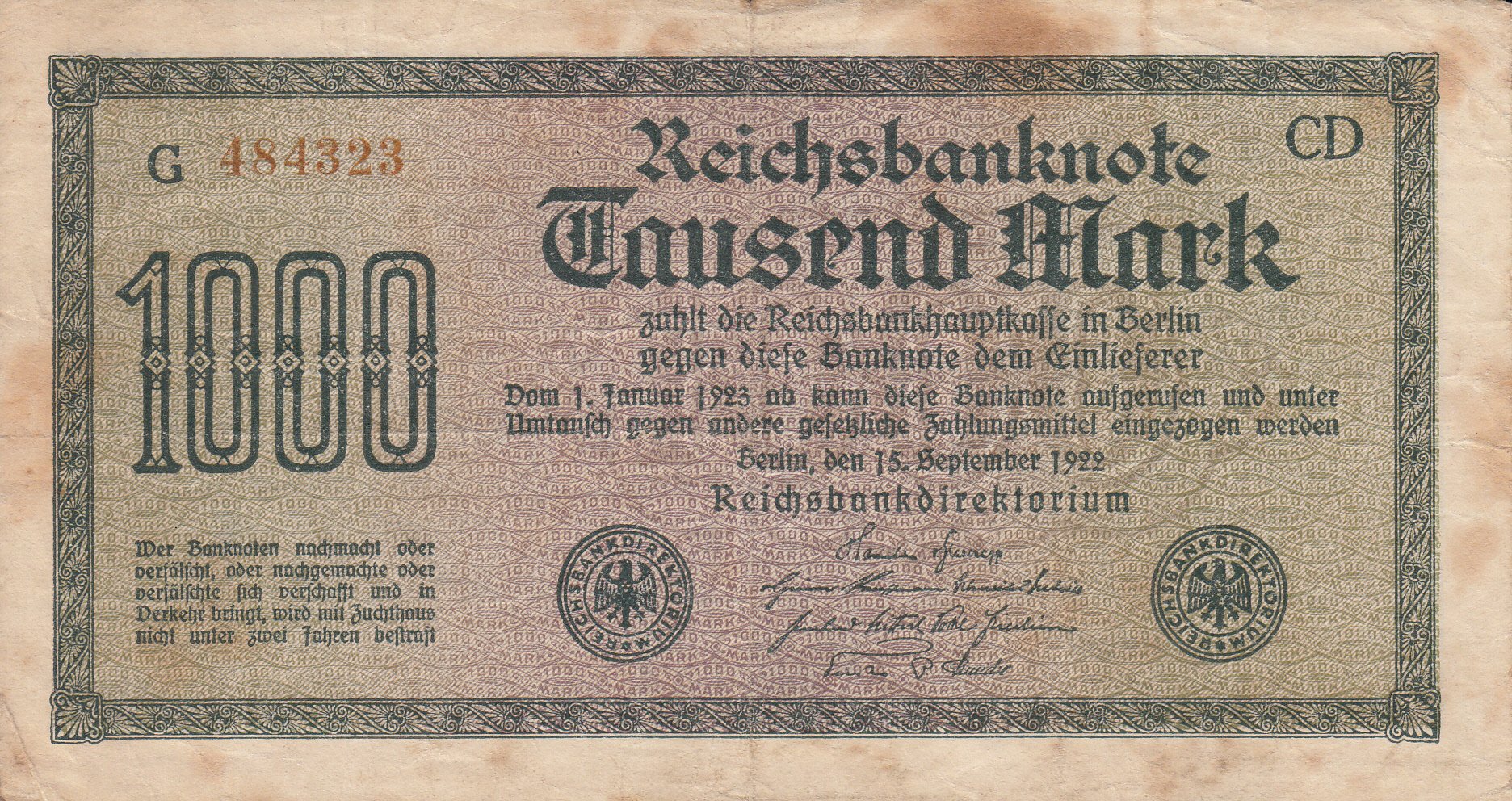 Reichsbanknote 1000 Mark von 1922 (Museum des Heimatvereins Hörde CC BY-NC-SA)