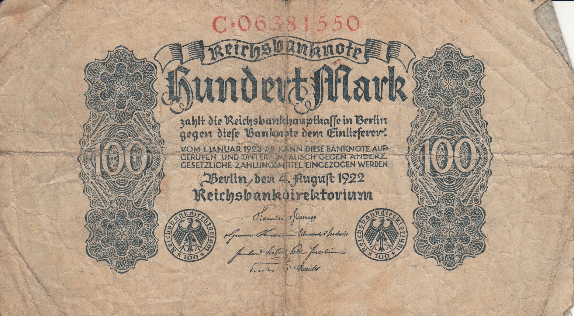 Reichsbanknote 100 Mark von 1922 (Museum des Heimatvereins Hörde CC BY-NC-SA)