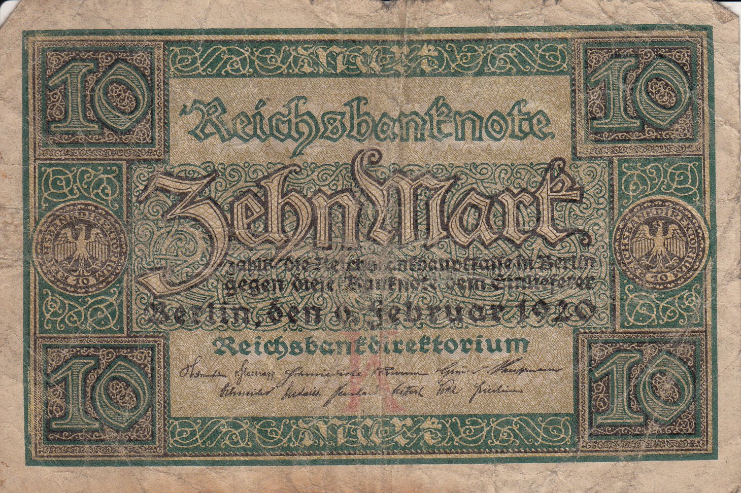 Reichsbanknote 10 Mark von 1920 (Museum des Heimatvereins Hörde CC BY-NC-SA)