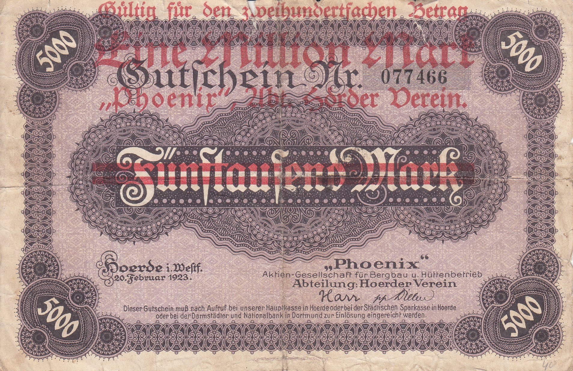Gutschein 5000 (1 Million) Mark (Museum des Heimatvereins Hörde CC BY-NC-SA)