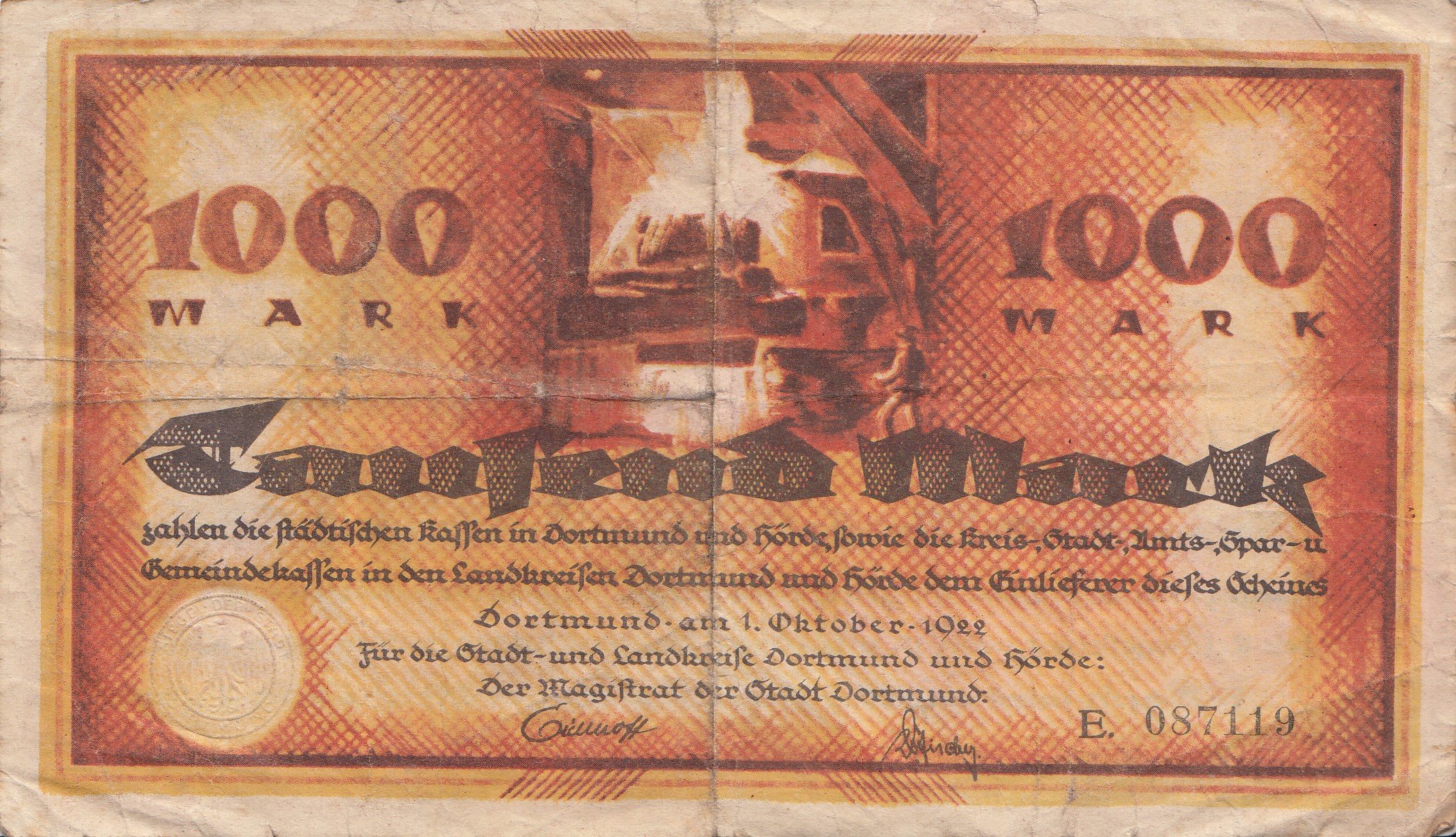 Notgeld Dortmund und Hörde 1000 Mark von 1922 (Museum des Heimatvereins Hörde CC BY-NC-SA)