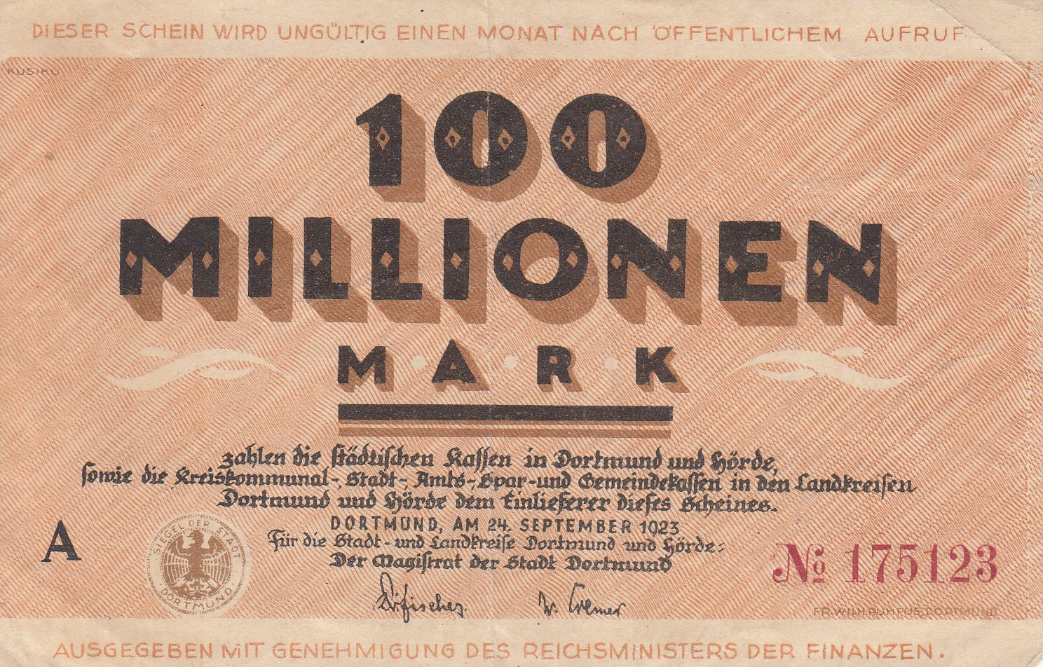 Notgeld Dortmund und Hörde 100 Millionen Mark von 1923 (Museum des Heimatvereins Hörde CC BY-NC-SA)