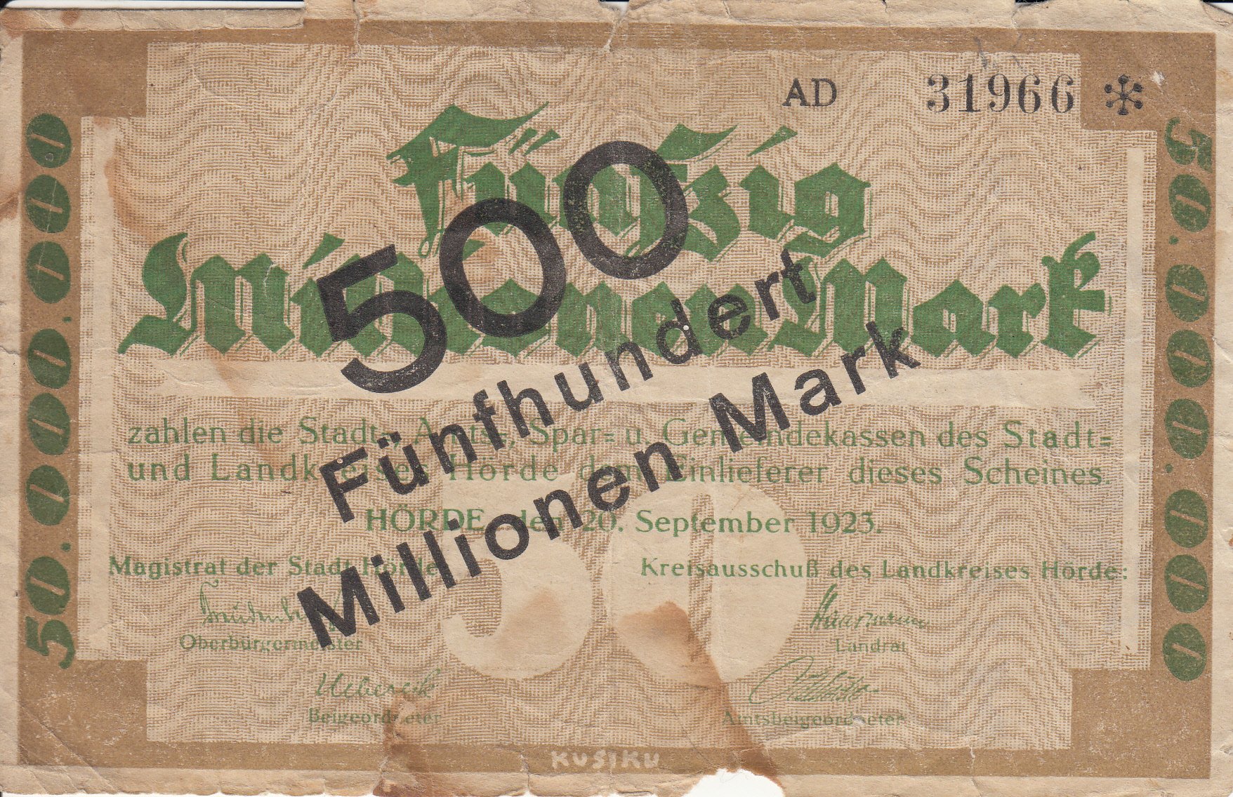 Notgeld Hörde 50 (500) Millionen Mark von 1923 (Museum des Heimatvereins Hörde CC BY-NC-SA)