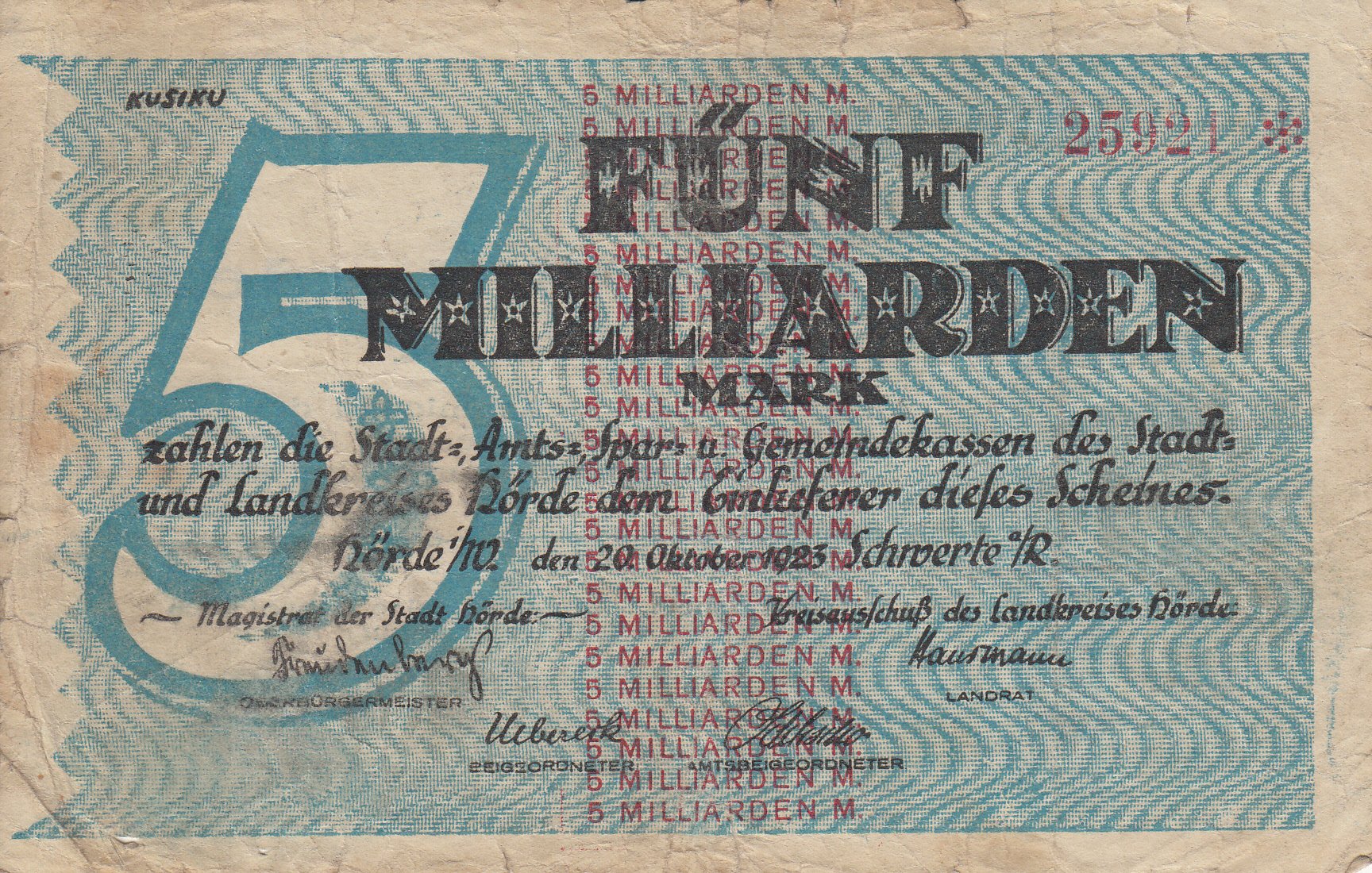 Notgeld Hörde 5 Milliarden Mark von 1923 (Museum des Heimatvereins Hörde CC BY-NC-SA)