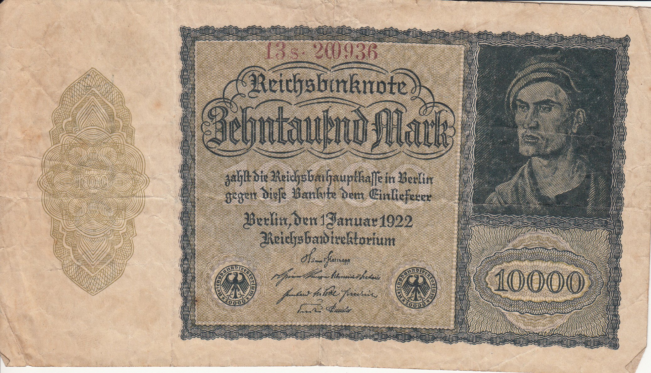 Reichsbanknote 10000 Mark von 1922 (Museum des Heimatvereins Hörde CC BY-NC-SA)