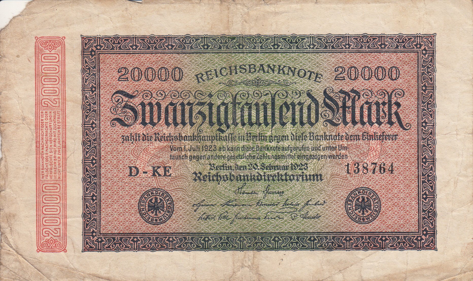 Reichsbanknote 20000 Mark von 1923 (Museum des Heimatvereins Hörde CC BY-NC-SA)