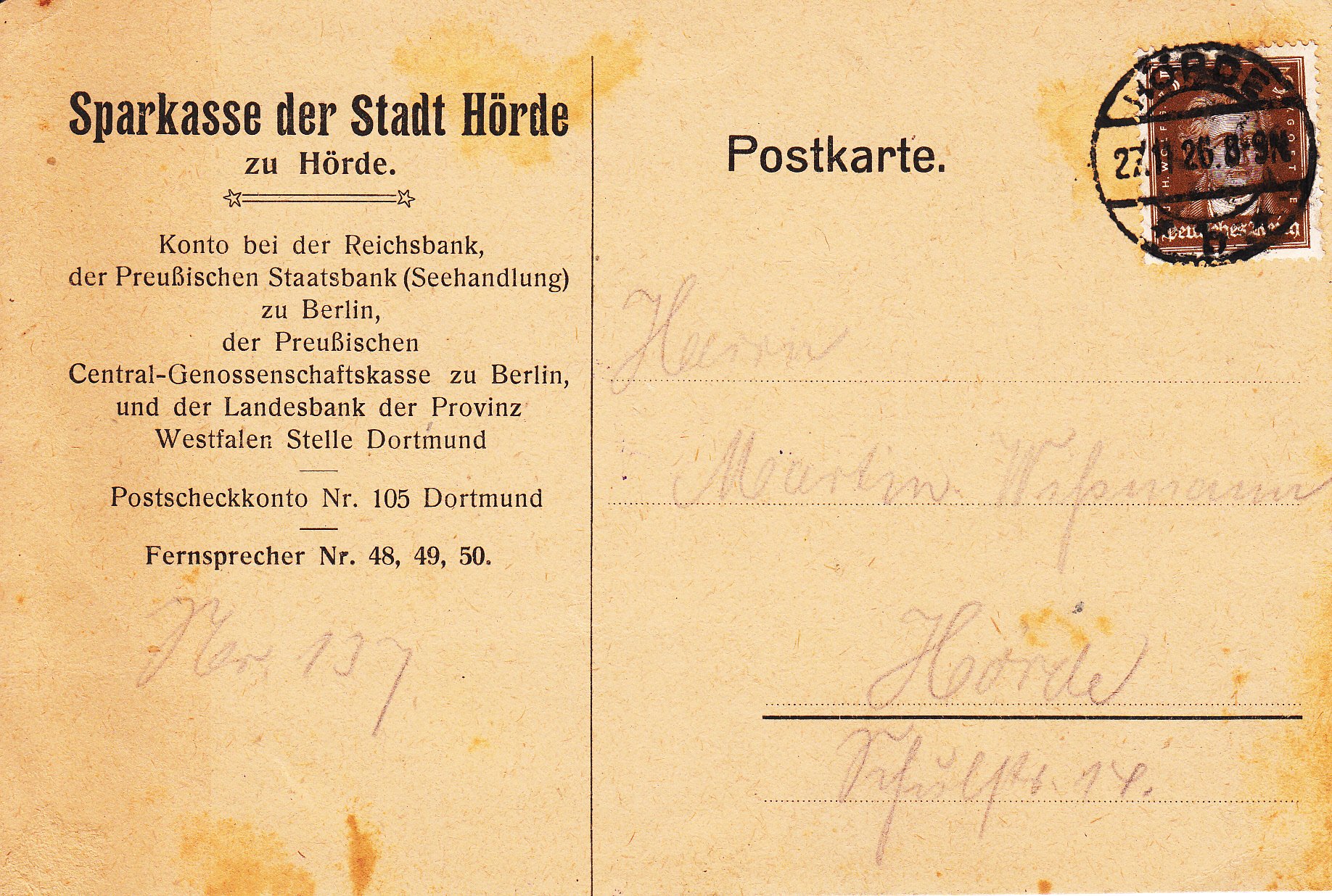 Postkarte der Sparkasse Hörde 1926 (Museum des Heimatvereins Hörde CC BY-NC-SA)